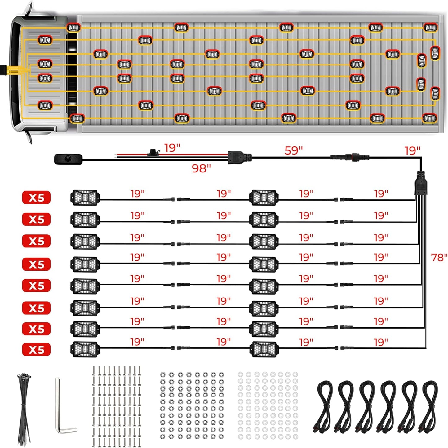 40 Pods Pure White LED Rock Lights Kit with Switch Wiring Harness,6500K 1080 LEDs Bright Rock Lights for Trucks,Waterproof Underglow Light for Car Jeep Off Road ATV UTV SUV