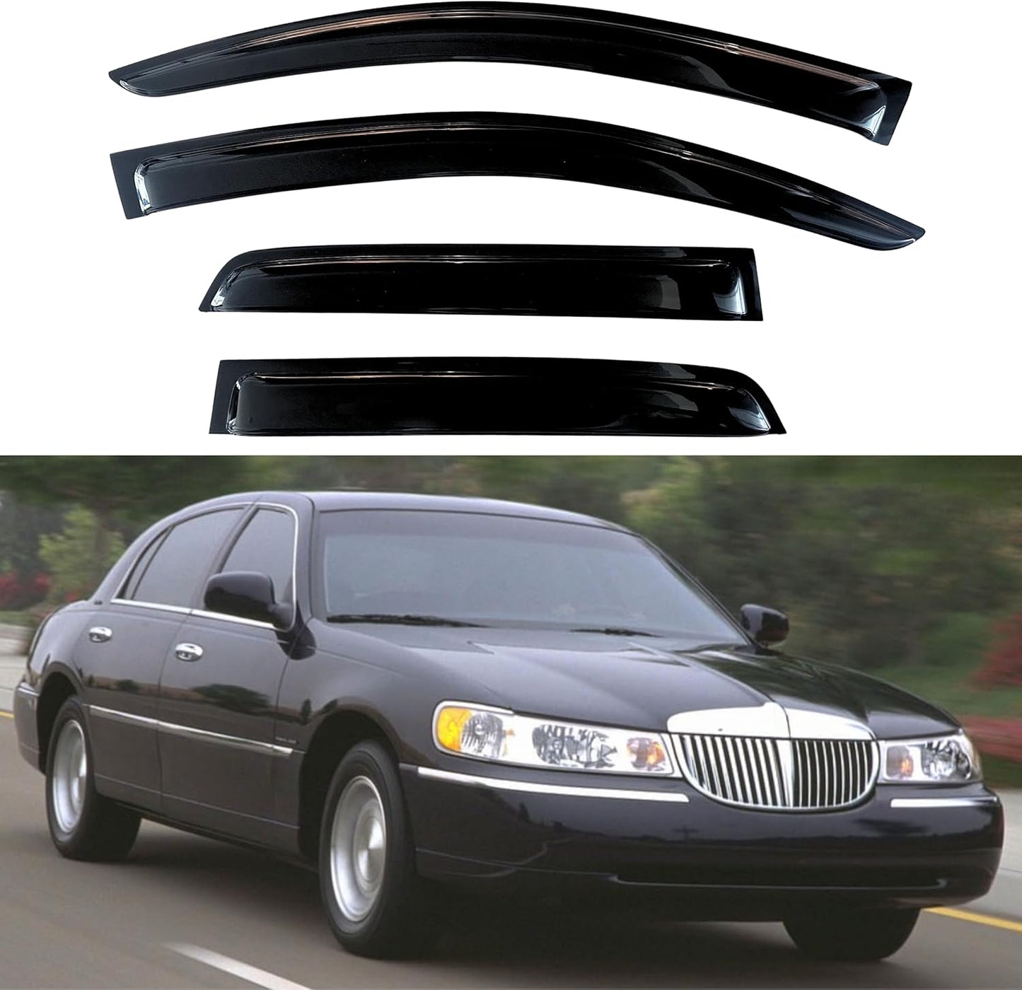 KPY Window Visor Compatible with Lincoln Town Car Sedan 1998-2010, Rain Guard Window Vent Deflectors Tape-On Style, 1998 1999 2000 2001 2002 2003 2004 2005 2006 2007 2008 2009 2010 (Sedan Only)