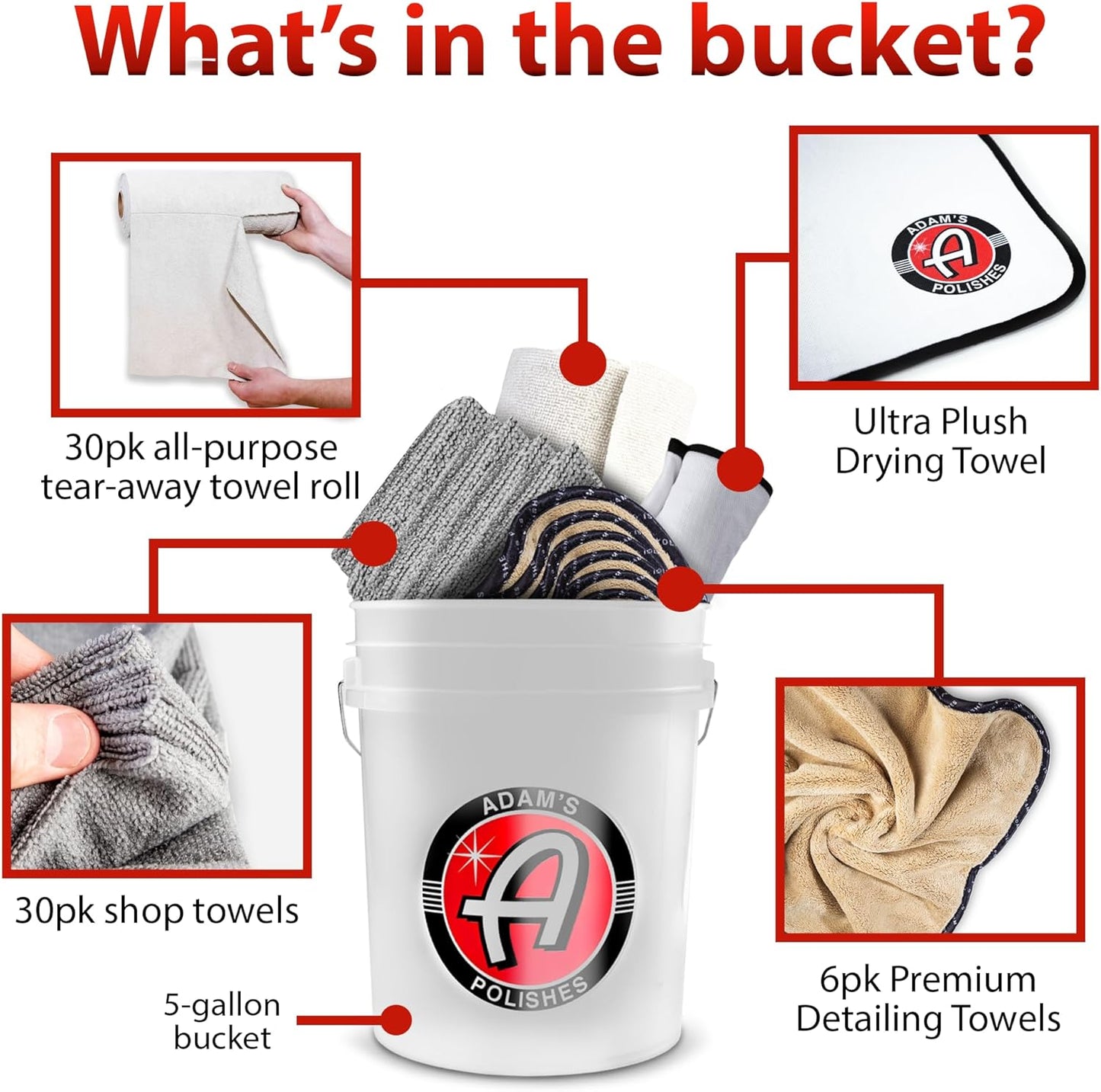 Adam's 5 Gallon Bucket-O-Towels (67pk) - Variety Car Detailing Bucket of Premium Microfiber Towels for Car Wash, Cleaning, Polishing, Car Wax, Ceramic Coating, Shop Towels & More