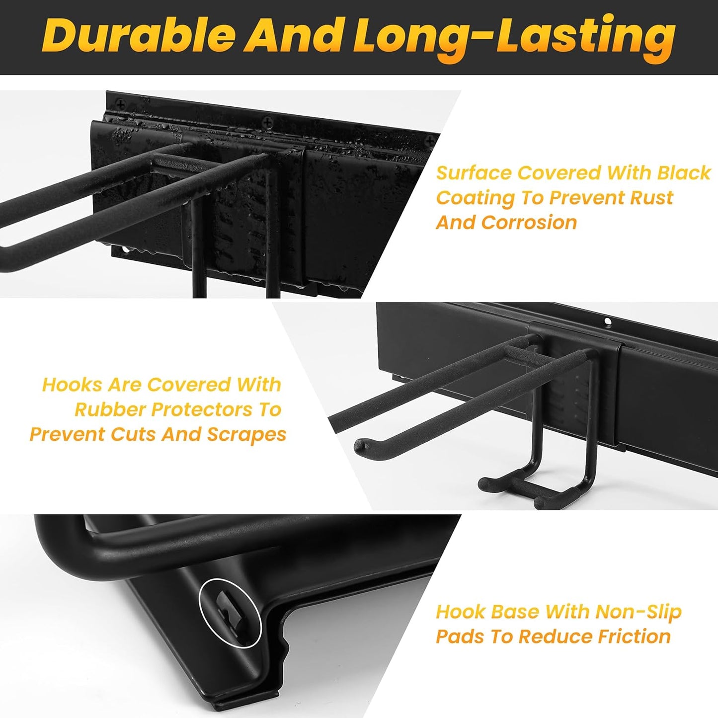 Garage Tool Organizer Wall Mount, 48-Inch Multi-Functional Garage Hooks Heavy Duty with Sliding Track, Black Coating, Non-Slip Pads, and Rubber Protectors for Garage Organization and Garage Storage