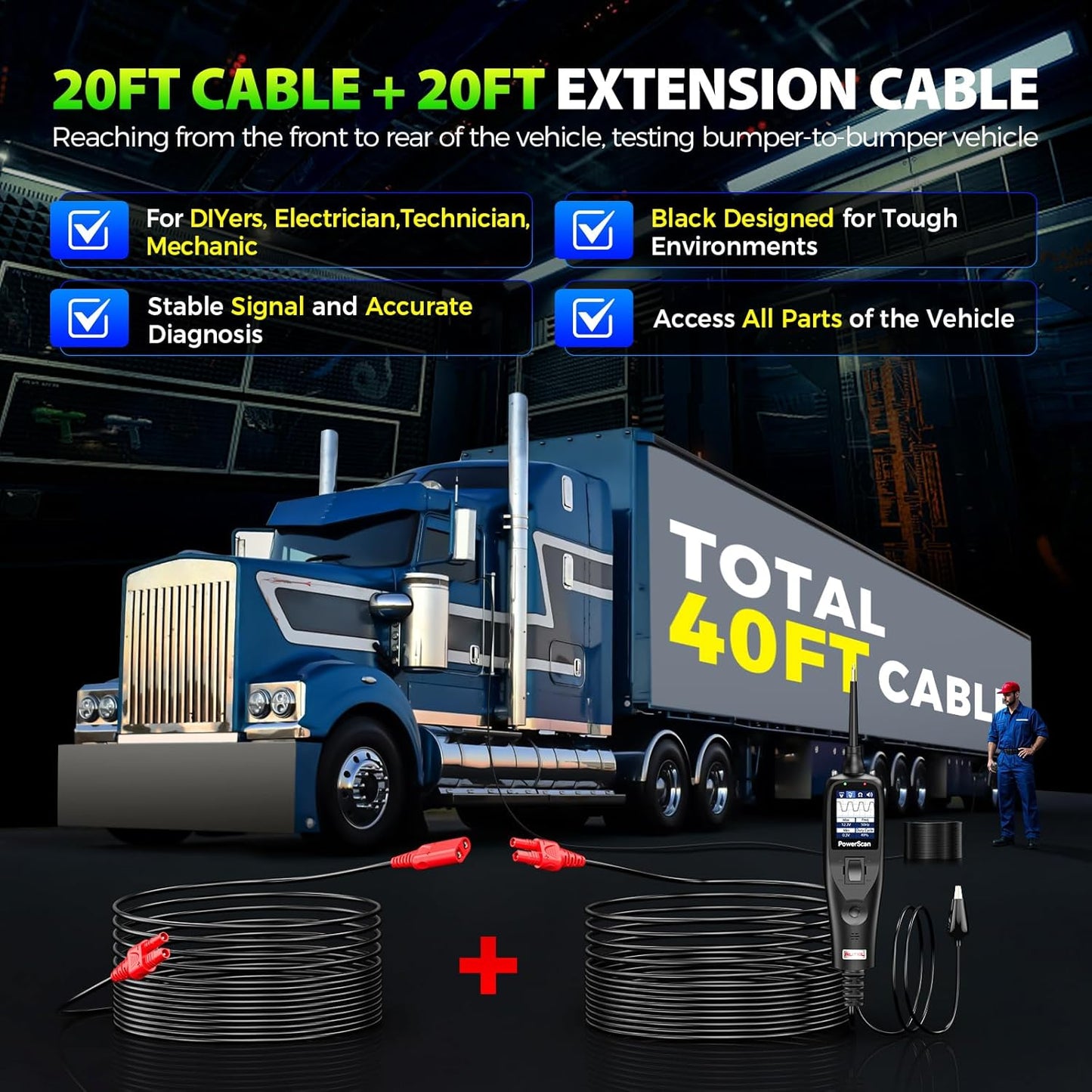 2025 Autel PowerScan PS100 Power Circuit Probe Tester, 12-24V Automotive Electrical Open/Short Breaker Finder, Component Activation Test Tool, AC/DC Trailer Relay Fuse Test, 40FT Cable, for 99% Cars