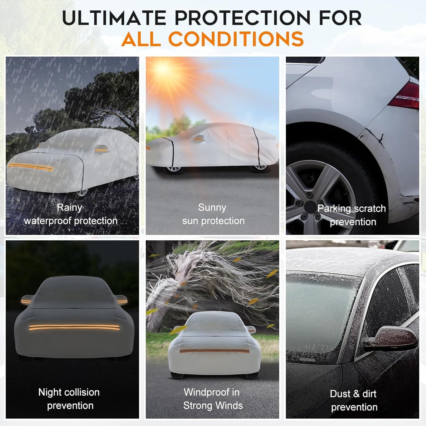 Waterproof Hatchback Car Cover: 6-Layer Protection from Rain, Snow, UV & Dust - Universal Fit up to 177 inches with Zipper Door & Windproof Straps for Outdoor, Garage, Travel Use,Silver