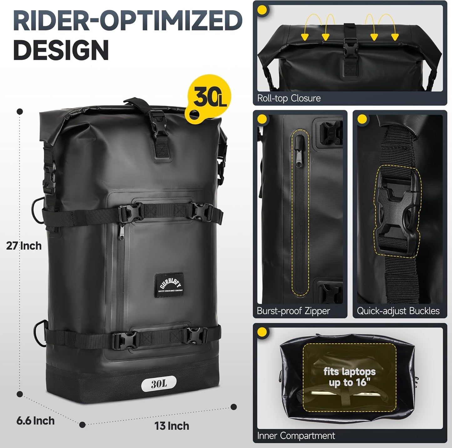 Motorcycle Tail Bag, 30L Waterproof Saddle Bag, 2 Size and 3 Color Options Motorcycle Travel Bag, PVC Luggage Bag, Rear Seat Bag, Classic Black GT-30BL