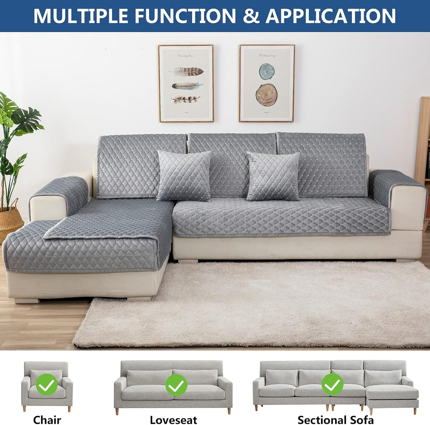 Eismodra Couch Cover,Sectional Couch Covers,Sofa Covers for 3 Cushion Couch,Anti-Slip Sofa Slipcovers for Dogs Cats Kids Loveseat Recliner L Shaped Armrest Backrest,Light Gray 36''x36''(Only 1 Piece)