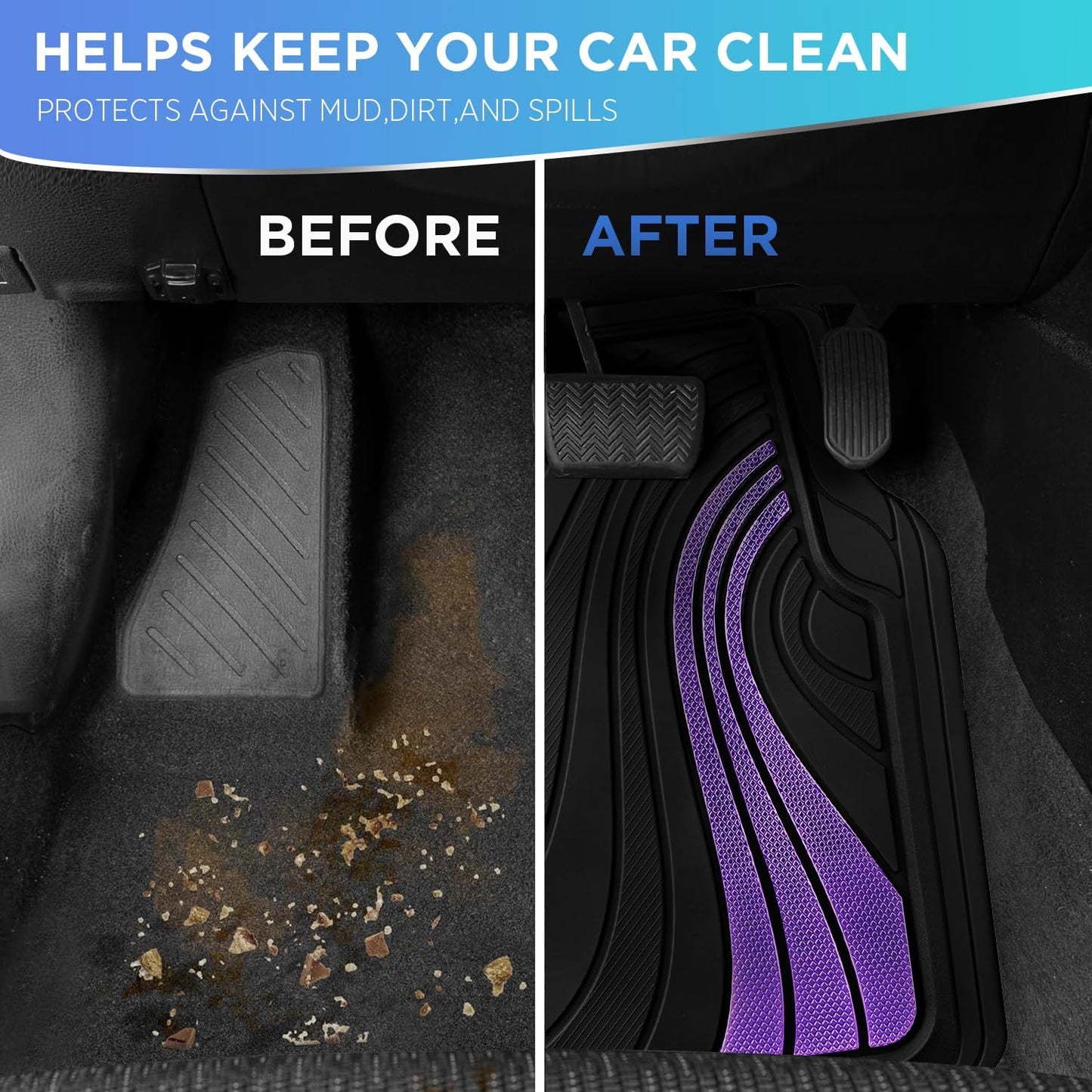 Road Comforts Car Floor Mats Full Set – Front & Rear Car Floor Mats with Aluminum Design, Anti-Slip Backing, All-Weather Protection, Trim-to-Fit Car Mats for Most Sedans, SUVs & Vans - Lighet Purple