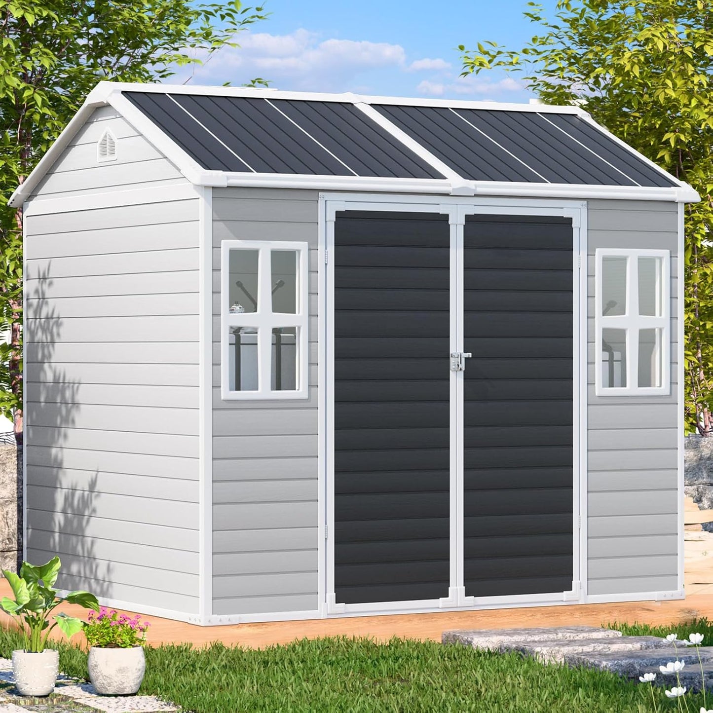 8x6 Shed Plastic Outdoor Storage with Floor Included, Waterproof Lockable Garden Shed Resin Tool Shed Cabinet