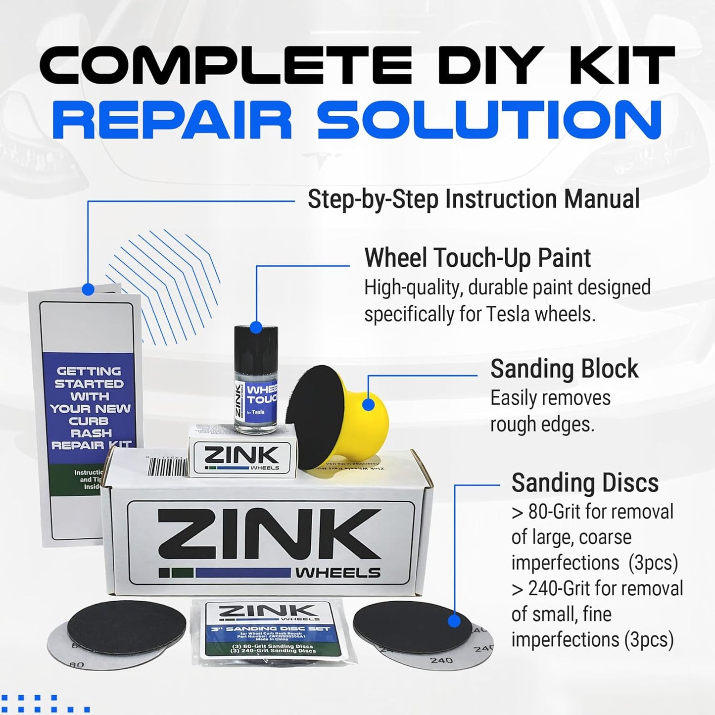 Premium Tesla Wheel Curb Rash Repair Kit for Model S 21-inch Silver Twin Turbine Rims - DIY Kit with Color-matched Touch Up Paint - Made in USA