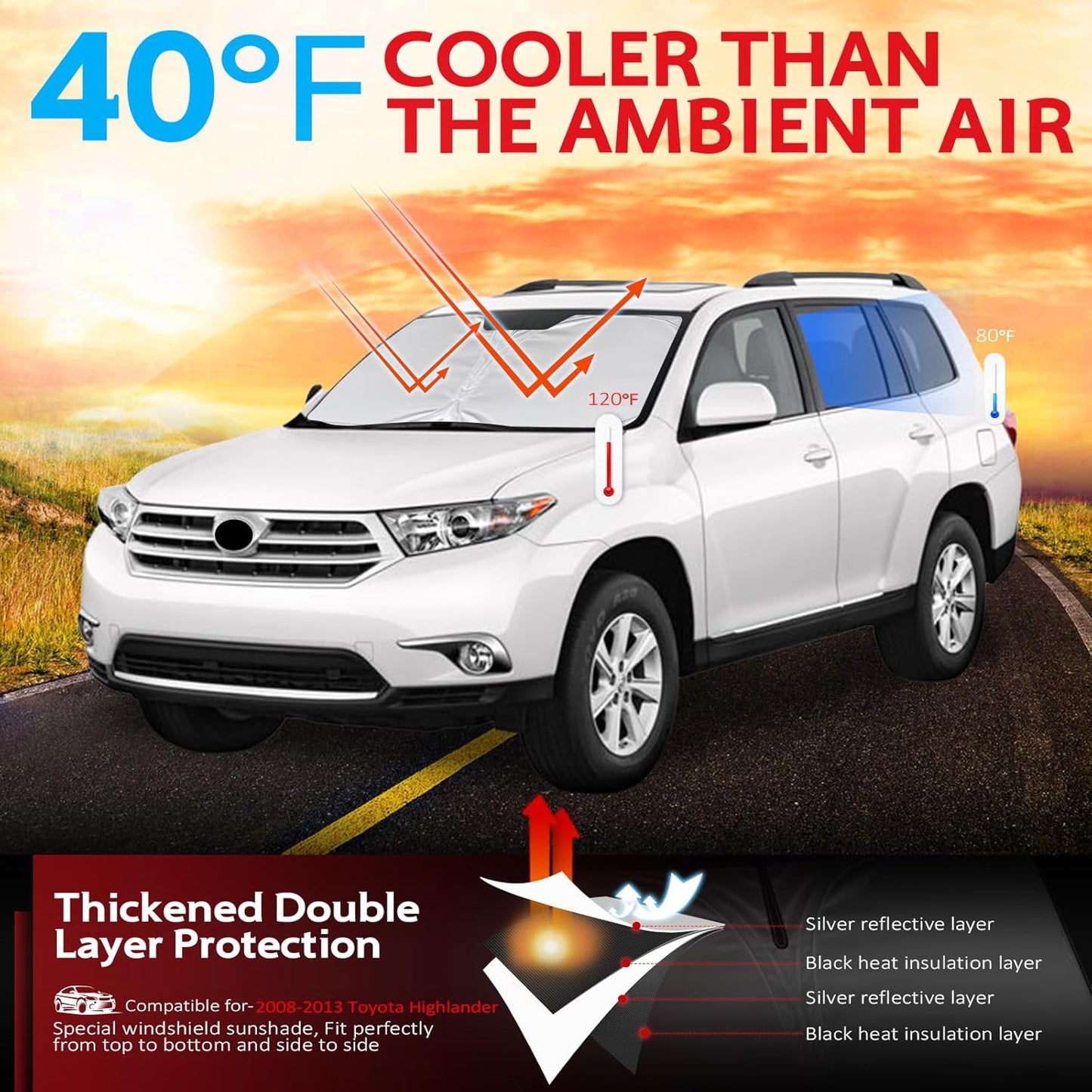 KAYZT Windshield Sun Shade for 2008-2013 Toyota Highlander Foldable Sunshade Front Window Custom Fit Car Accessories