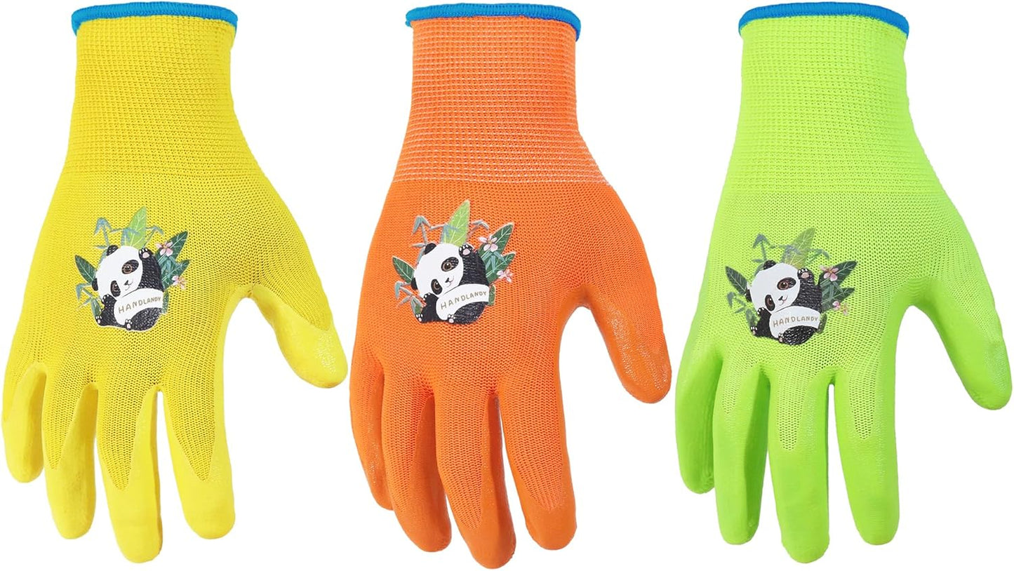 HANDLANDY 3 Pairs Kids Gardening Gloves Latex Free, Nitrile Coated Children Toddler Garden Yard Outdoor Playing Gloves for Little Girls Boys (Size M)