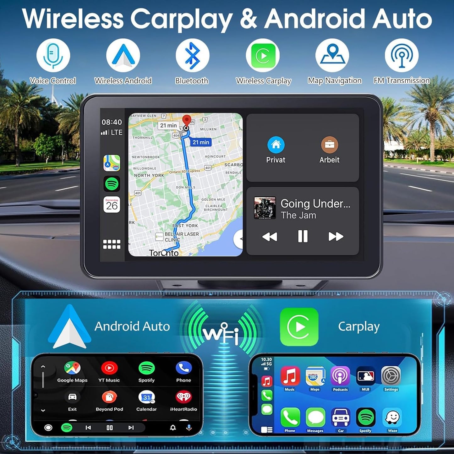 Carplay Screen for Car, 7" HD Wireless Portable Car Play Touchscreen Stereo with Android Auto Mirror Link/Backup Camera/GPS Navigation/Satellite Radio for All Vehicles