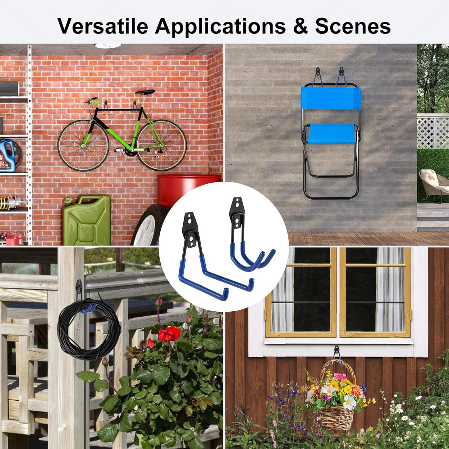 Steel Garage Hooks Wall Tool Organizer, 8 Pack Garage Storage Hook Heavy Duty Utility Storage Hangers Blue for Ladders, Ropes, Garden Tools