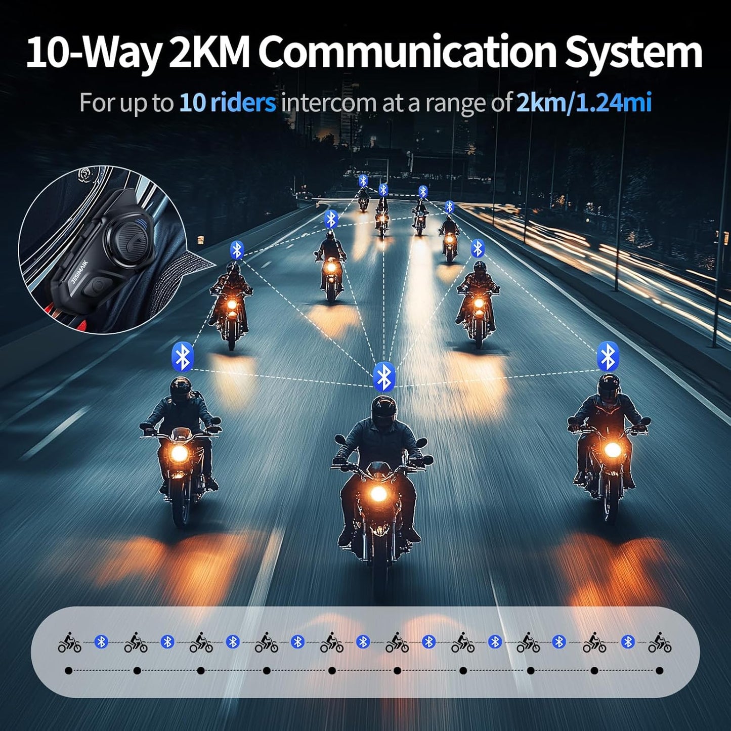 Motorcycle Helmet Bluetooth Headset, 10 Way 2KM Helmet Communication System, Multitasking Audio Motorcycle Intercom, 2 Mics&40mm Speaker, 2 Pack