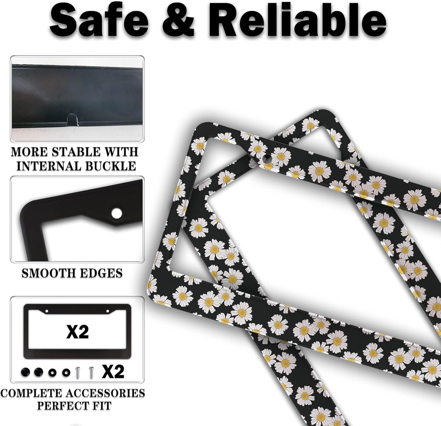License Plate Protector Black and White License Plate Frames White Daisy Black Decorative Universal Aluminum Car Accessory 2 Pack with Screw Covers Set
