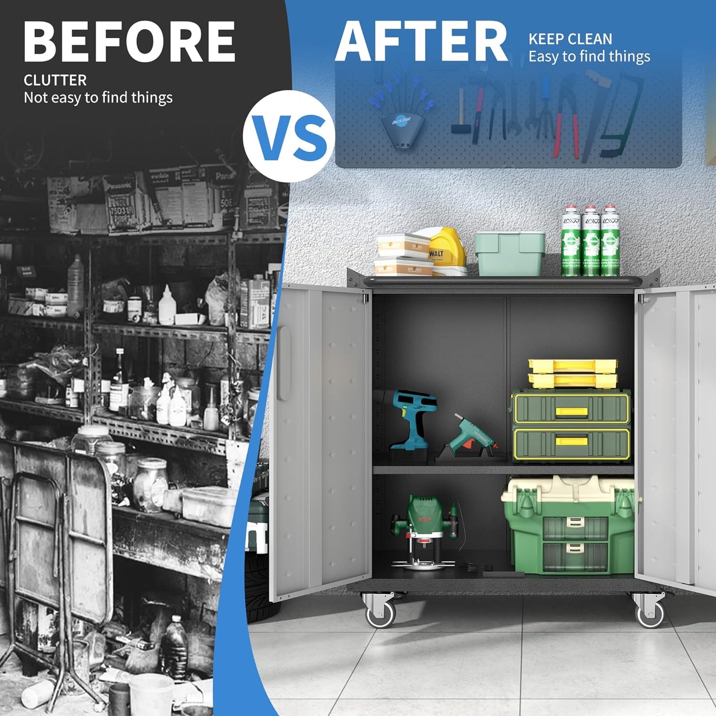 Metal Storage Cabinet with Wheels, Rolling Tool Cabinet with Doors and Shelves, Lockable Garage Storage Cabinet, Assembly Required (Black & Grey)