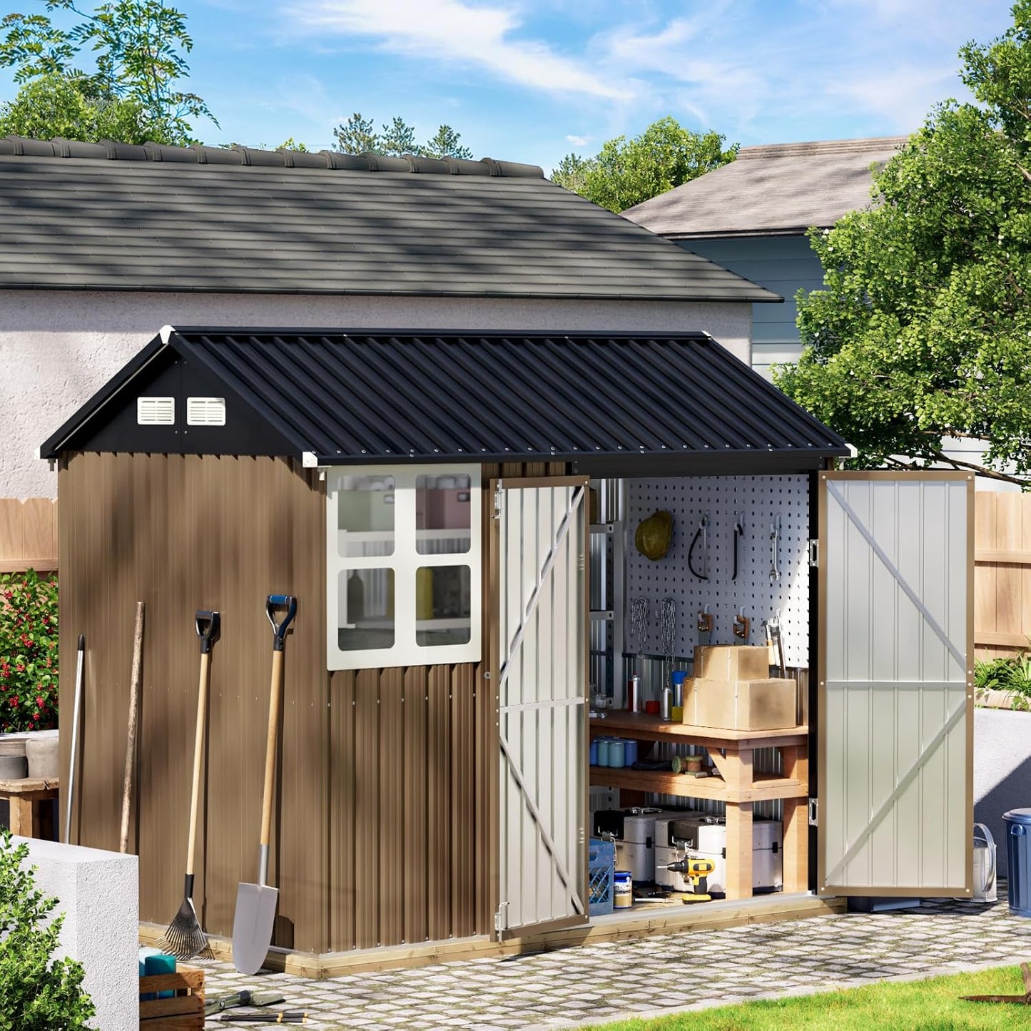 8X6FT Outdoor Steel Storage Shed with Lockable Doors, One Window,Ideal for Garden, Backyard, Patio Storage,Brown
