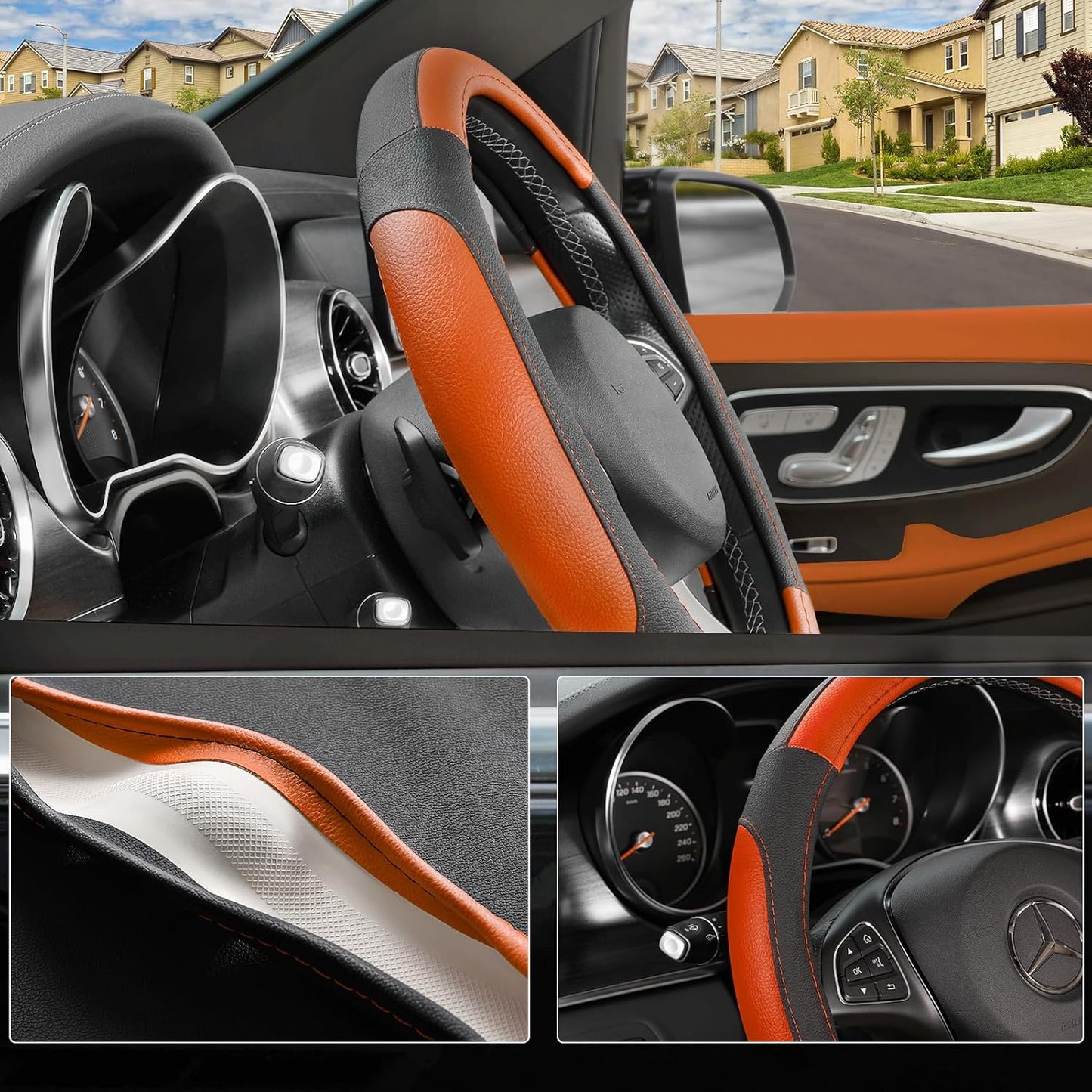 SEG Direct Steering Wheel Cover for Car, Standard Size 14.5-15 inch, Auto Interior Accessories, Black and Orange
