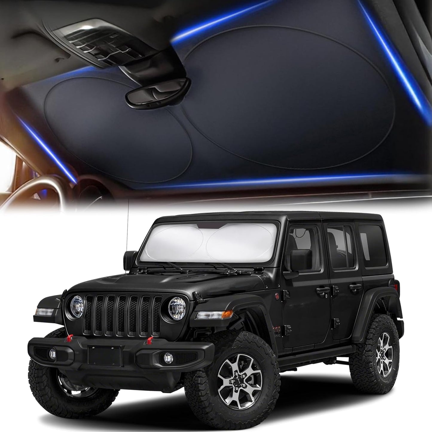 Jeep Windshield Sunshade | Protects Sun Visor from UV and Heat Protection | Fits for Wrangler, Gladiator, and Rubicon Models | Keeps Your Car Cool and Comfort | X-Small (60" x 21")