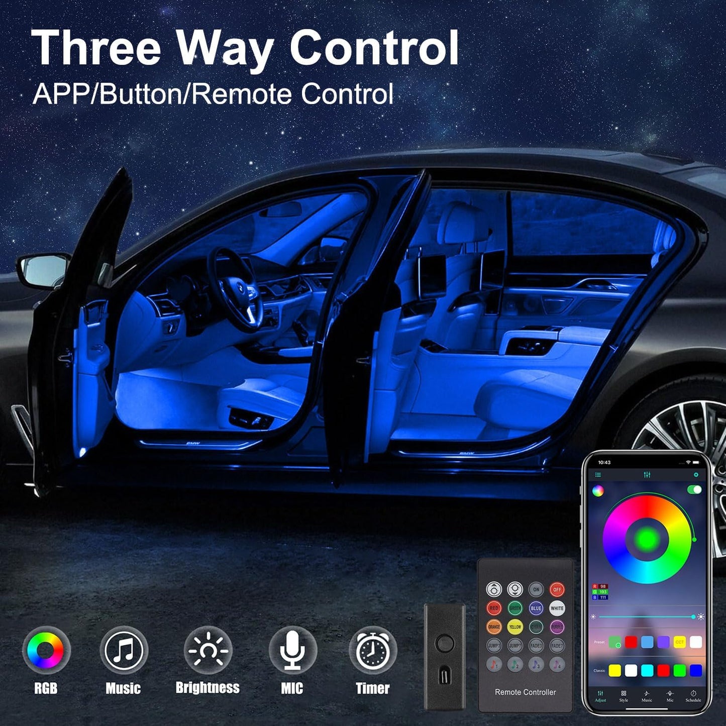 Interior Car LED Strip Lights with Wireless APP & Remote Control, RGB 2 in 1 Car Ambient Lighting Kit with 158 Inches Fiber Optic, Inside Neon Dash Strip with Music Mode