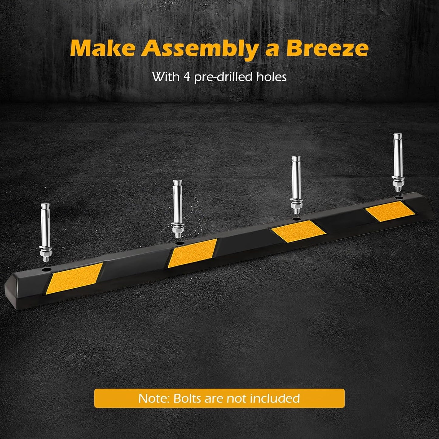 Rubber Parking Curb Garage Floor Stopper, 72" Heavy Duty Parking Lot Stopper with Yellow Reflective Stripes, Guide Wheel Stopper for Car, Truck, RV, Trailer, Driveway (4 Pack)