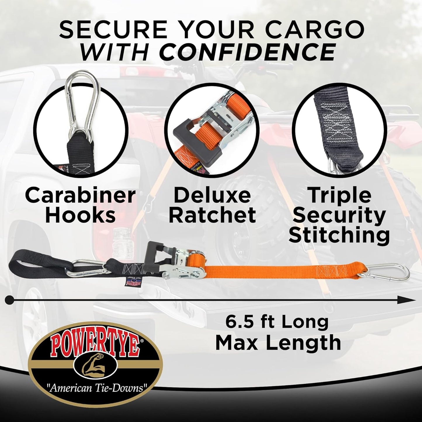 PowerTye - Made in USA - Heavy Duty Ratchet Tie Down Straps with Carabiner Hooks & Sewn-in Soft-Tye, for Motorcycle, ATV, Trailer & Cargo, 1,000 lb WLL, 1.5 inch x 6.5ft Long, Green/Black (Pair)