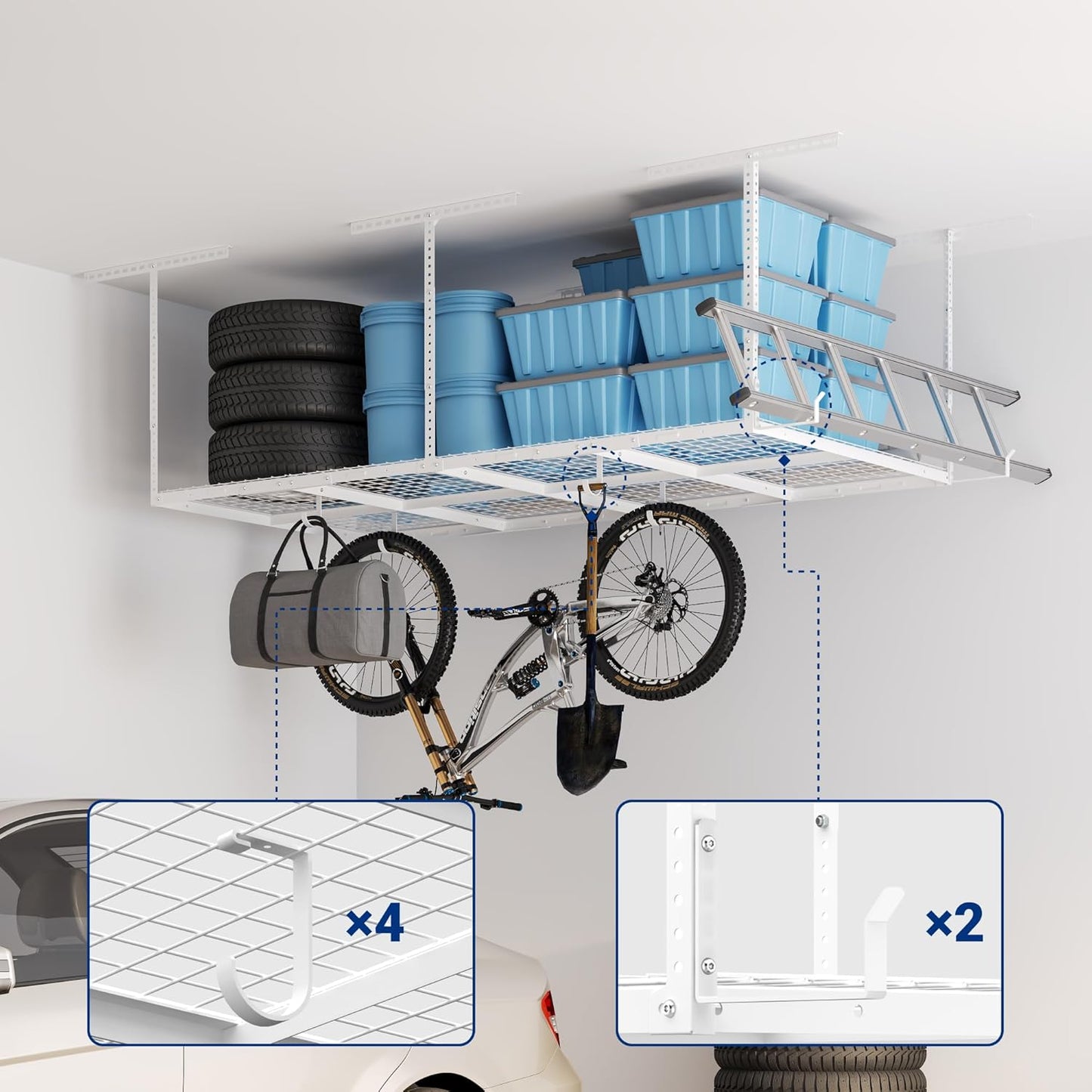 FLEXIMOUNTS 4x8 Overhead Garage Storage Rack w/Hooks Adjustable Ceiling Storage Racks, 96" Length x 48" Width x 40" Height, 22''-40" Ceiling Dropdown, White