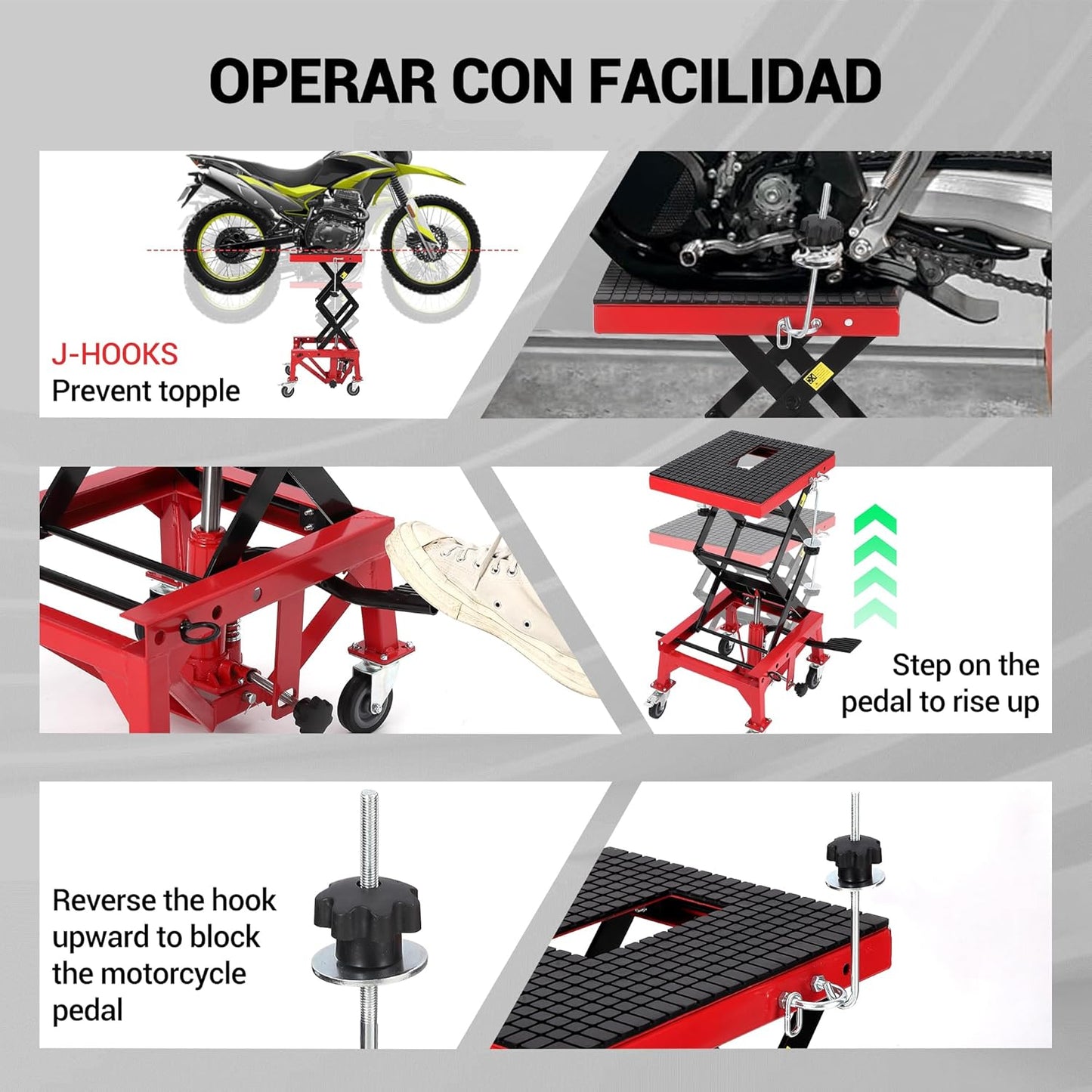 Hydraulic 350LBS Motorcycle Lift Jack - Foot-Pump Scissor Lift Table with Safety Lock, Wheels & Oil Drain Hole - Height Adjustable 13.78-34.25" for ATV, Dirt Bike, Cruiser Maintenance Red