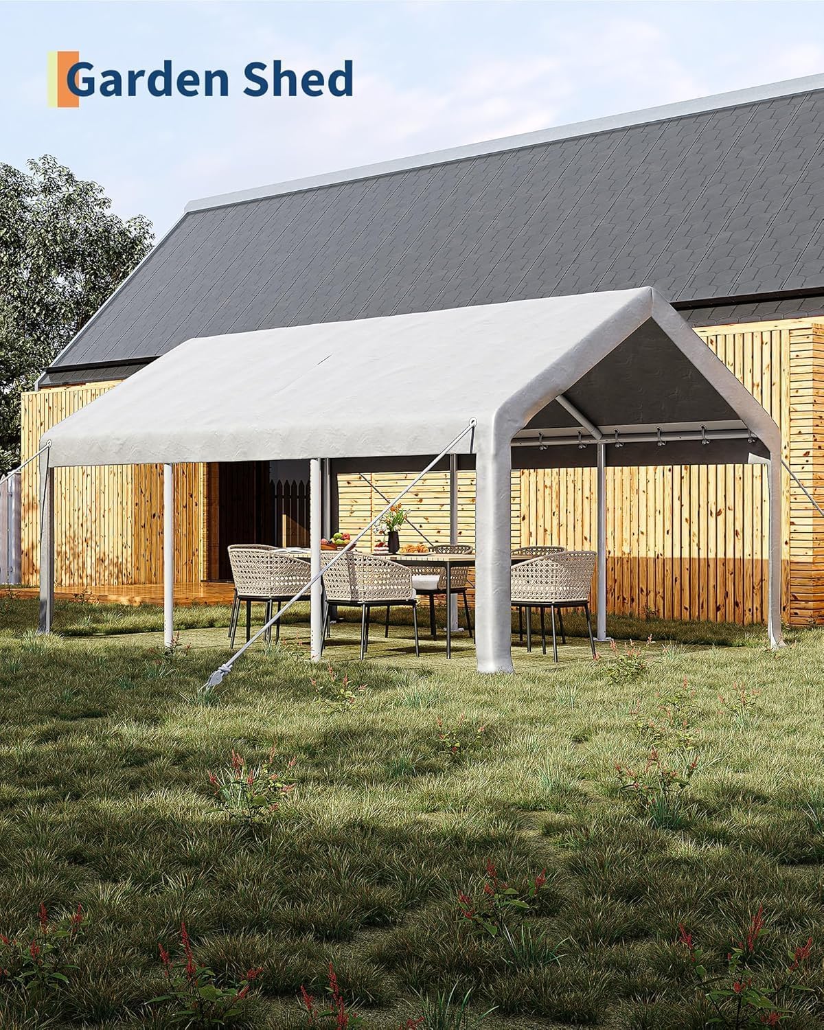 13 x 20ft Heavy-Duty Carport Canopy with Roll-Up Windows & DoorsThickened Wind Ropes, Ground Nails, Portable Car Tent Garage for Cars, Trucks, Boats, 180G Durable Tarp Cover,White