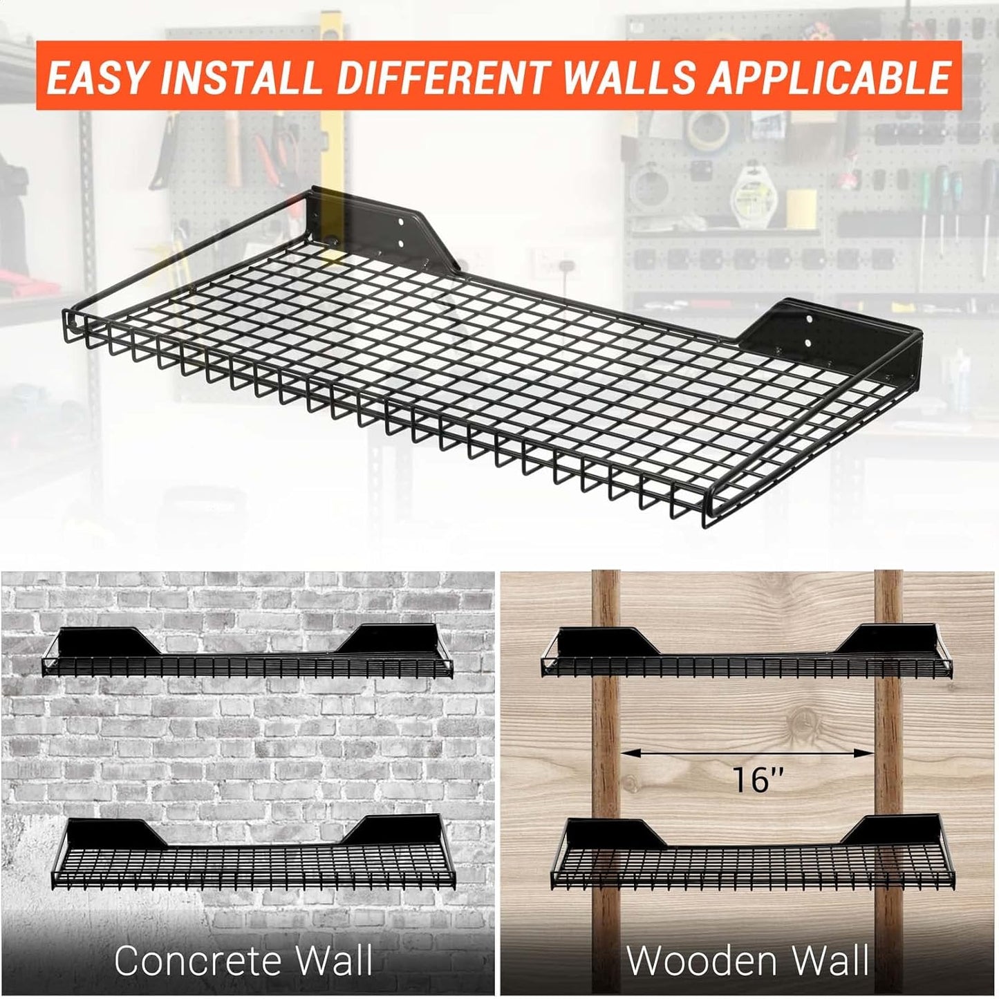Wallmaster Heavy Duty Garage Wall Shelving 4 Pack 23.6"x11.8" Metal Wire Shelves Wall Mount Mesh Storage Rack for Garage, Office, Basement and Kithcen, max Load 65 lbs (Black)