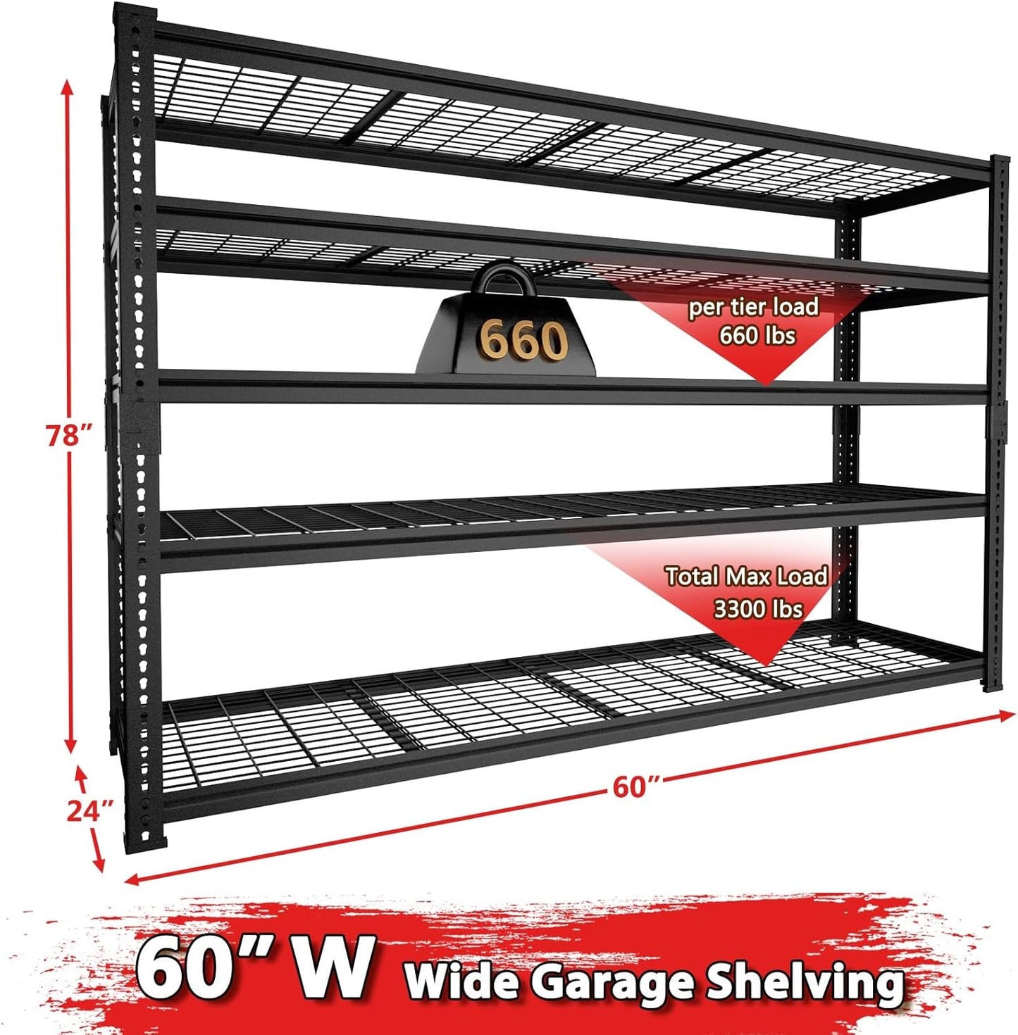 Storage Shelves, Garage Shelving Heavy Duty 3300 LBS Capacity, 60"L x 24"W x 78"H Adjustable Metal Shelving Organizer Wire Rack, 5 Tier Utility Shelf Unit for Pantry Closet Warehouse Organization