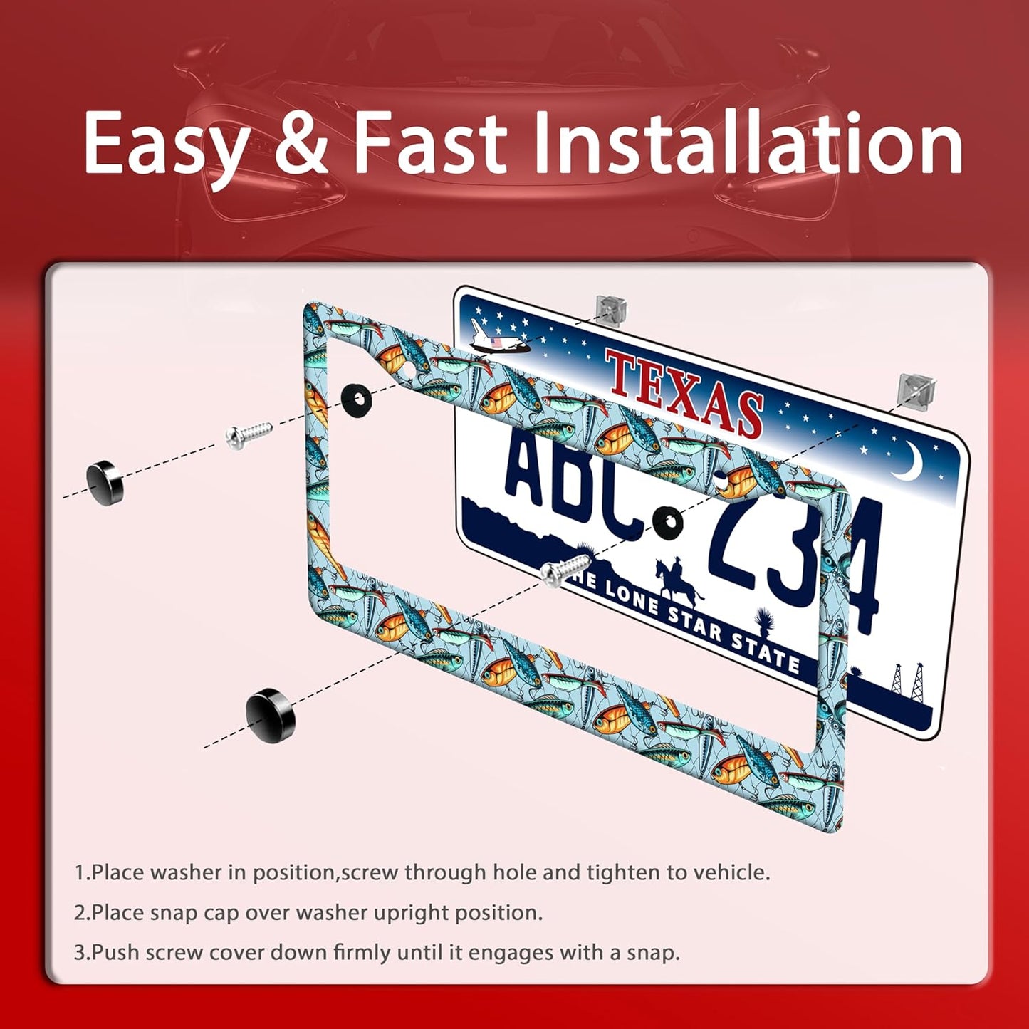 Fishing License Plate Frame Funny Fish License Plate Frames Stainless Steel Accessories Cars Decor with 2 Holes and Screws Fits Standard Us Ca Vehicles License Plate Holder 12.2 X 6 Inch