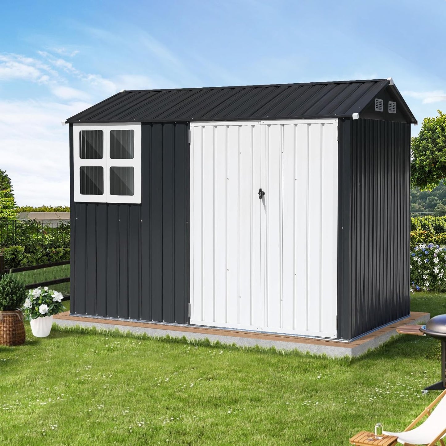 Verano Garden 8x6FT Outdoor Storage Shed, Galvanized Steel Metal Garden Shed with Large Window, Lockable Double Door, Outdoor Tool Shed for Backyard, Patio, Lawn(96.65"x71.85"x77.56")