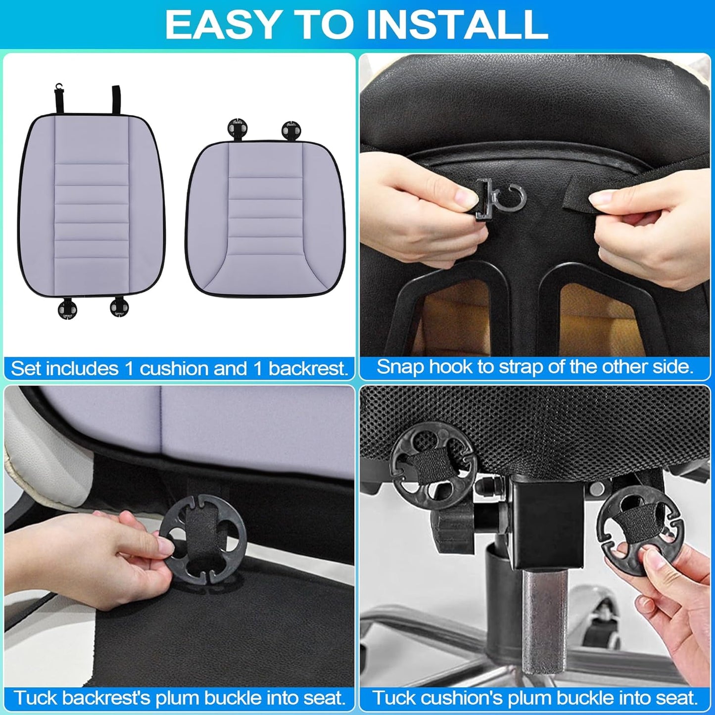 MYFAMIREA Car Seat Cushion and Back Support Pillow 1.2'' Thick Memory Foam Desk Chair Cushion Back Support for Automotive Seat Driver, Travel, Leg and Back Pain Relief, Washable, Adjustable, Gray