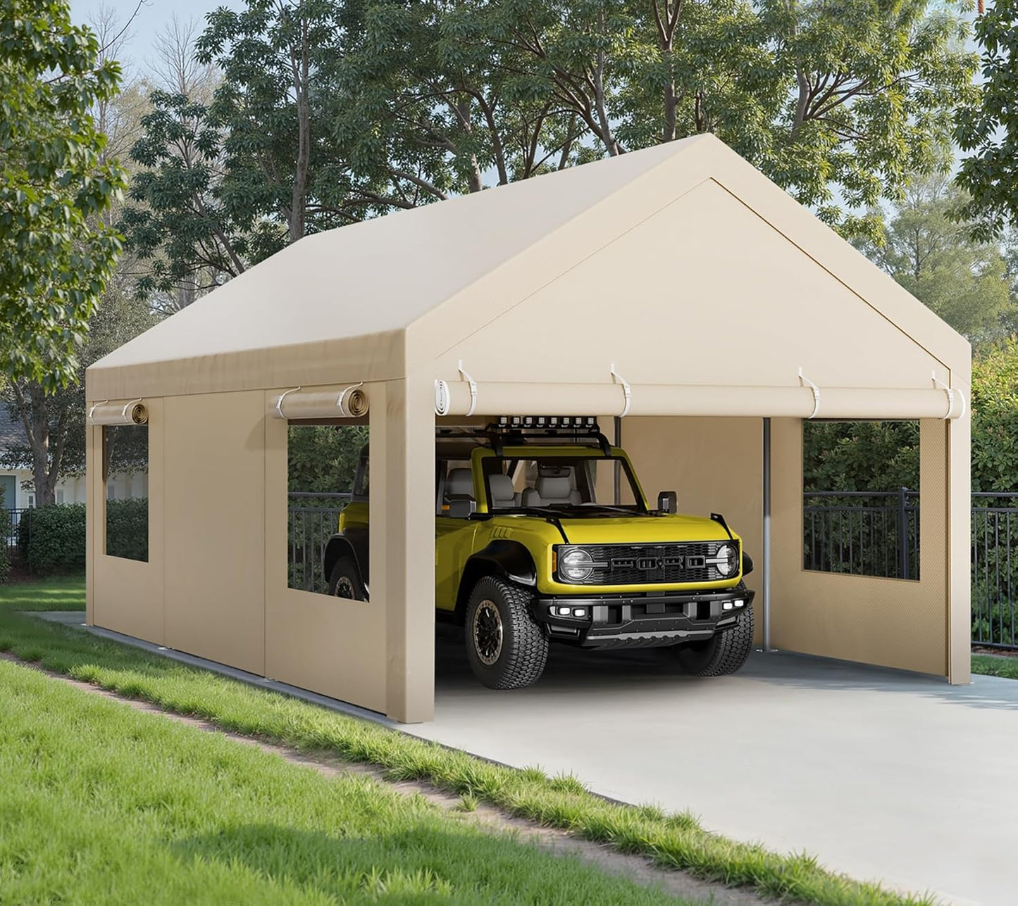 Walsunny Carport, 10x20 ft Heavy Duty Carport Canopy with Roll-up Windows, Portable Garage with Removable Sidewalls & Doors, Car Canopy with All-Season Tarp for Car, Truck, Boat
