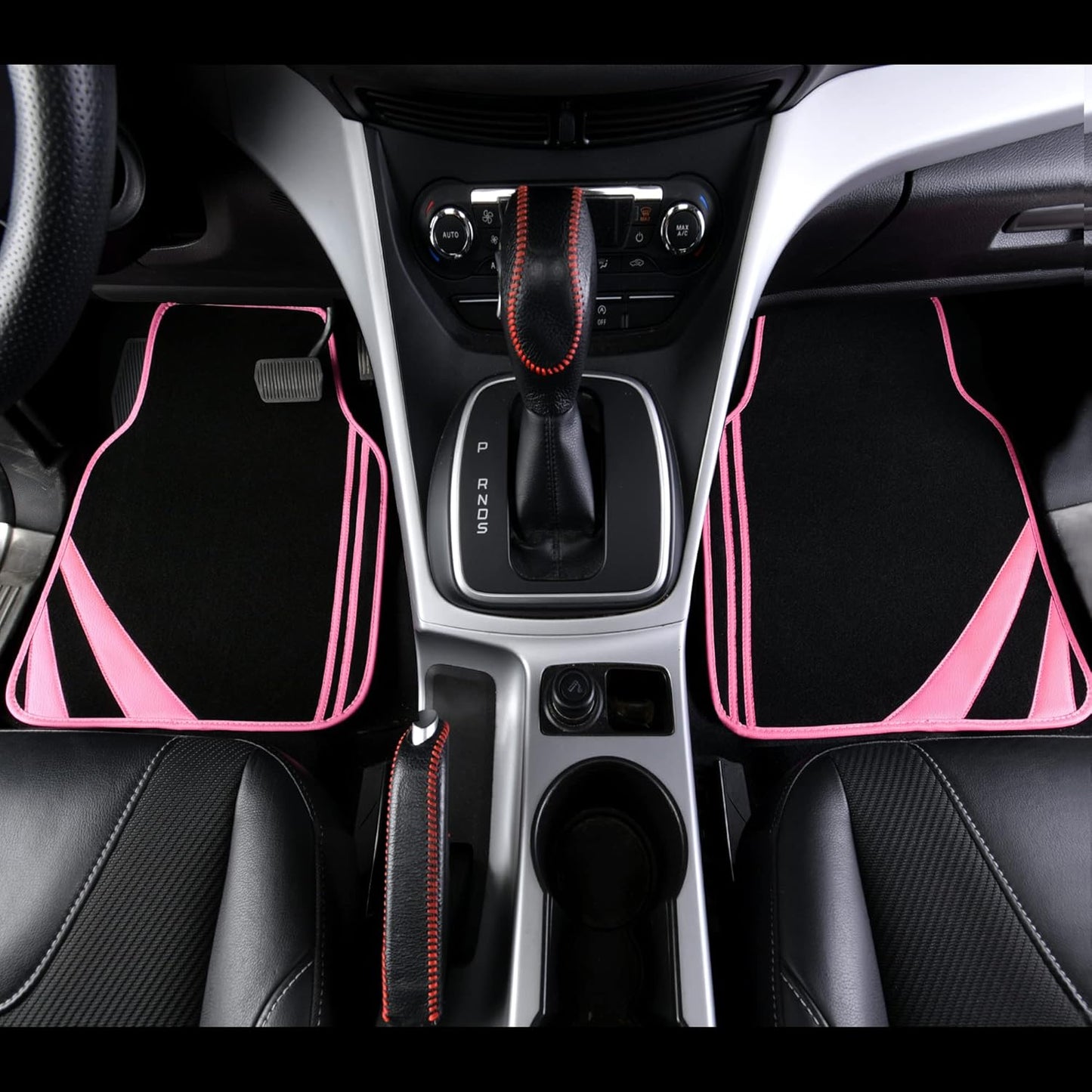 CAR PASS Pink Edge Faux Leather Car Floor Mats Universal Car Carpet Mats with Double Stitch Line Anti-Slip Backing Design, for Cute Girly Women, Fit 95% Automotive,SUVs,Sedan,Vans (Black and Pink)