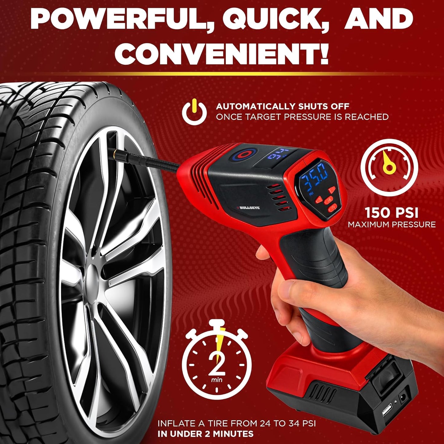 Bullseye Pro Automatic Digital Tire Inflator 150 PSI Max w/Gauge Display Screen & Pre-set Pressure in KPA, PSI, BAR, kg/cm, Built-in LED Lights, Rechargeable, Air Compressor, Car Tire Pump