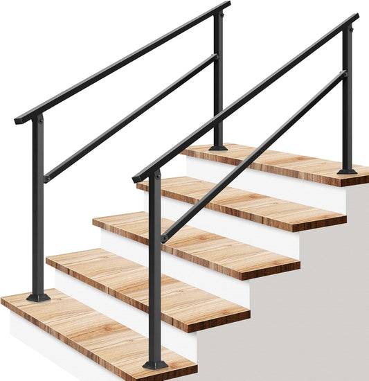 VIVOSUN 2-Pack Outdoor Handrail, 5 Step Stair Handrail, 69" x 36" Fits 1 to 5 Steps, Wrought Mattle Iron Handrail for Concrete Steps, Porch Steps, One-Step Assembly, 2 Packs, Black