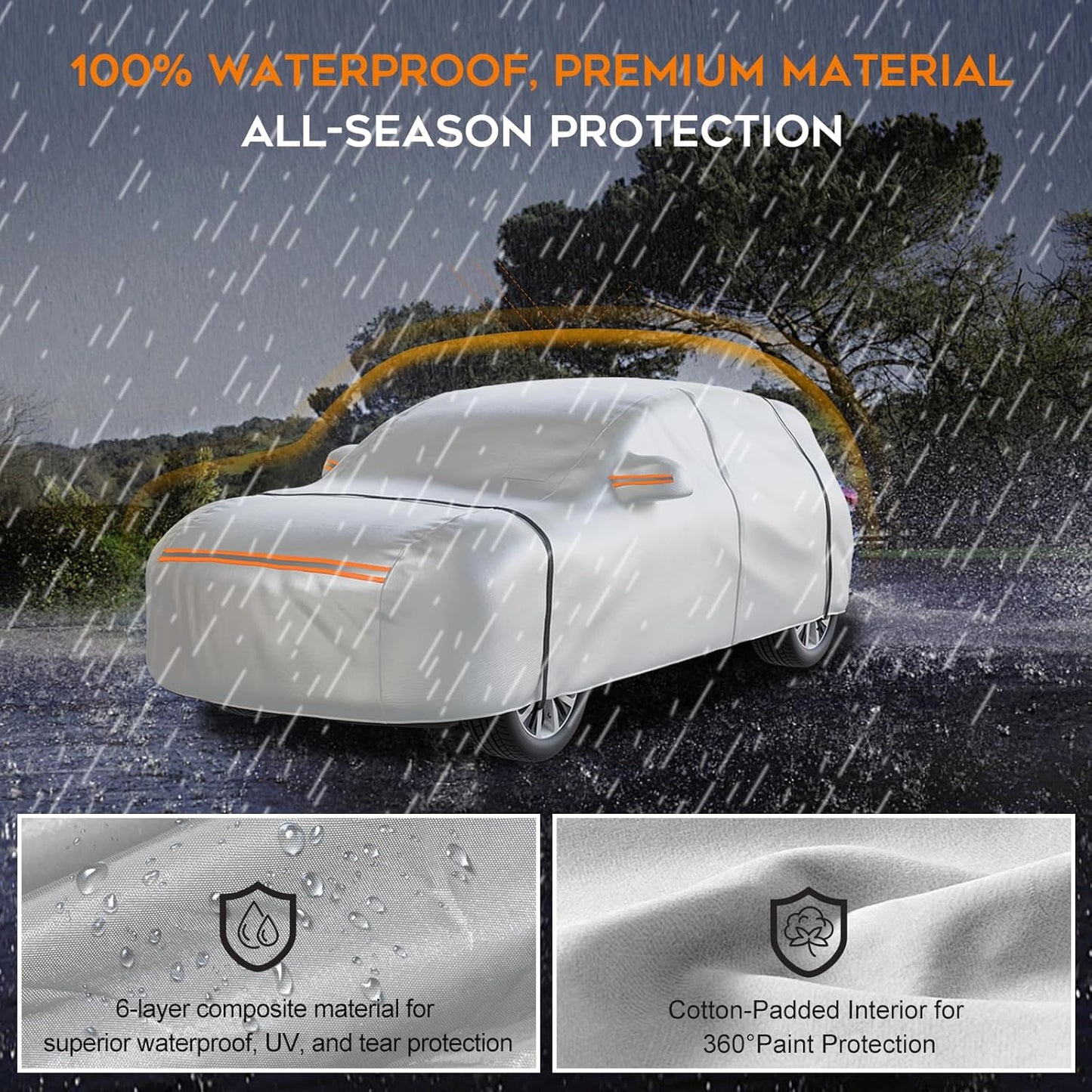 Waterproof SUV Car Cover: 6-Layer Protection from Rain, Snow, UV & Dust - Universal Fit up to 177 inches with Zipper Door & Windproof Straps for Outdoor, Garage, Travel Use, Silver