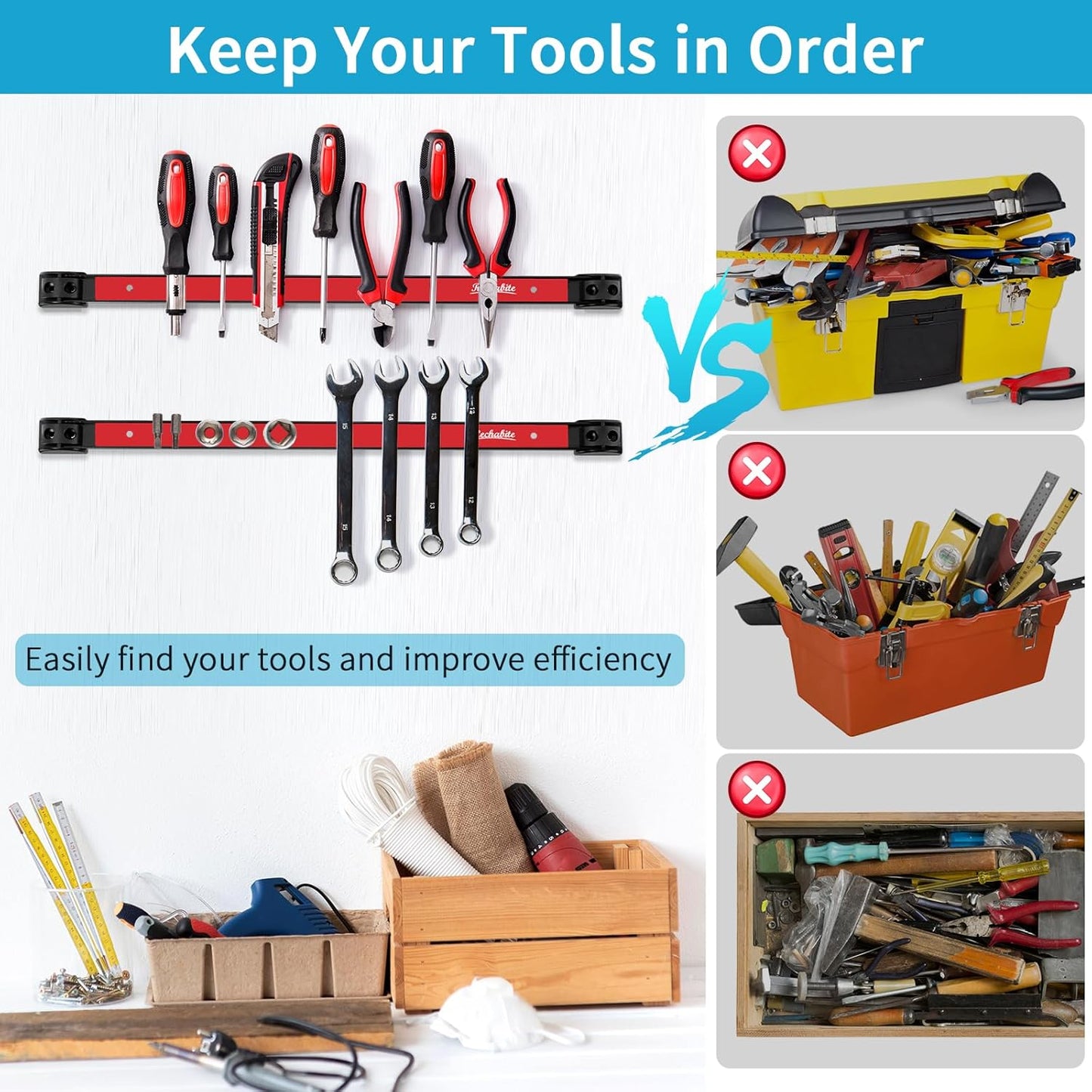 12" 18" 24" Magnetic Tool Holder Strip, Red Magnet Bar, Metal Tool Organizer Rack for Garage Organization, Easy To Install in Workshop, Mounting Screws Included