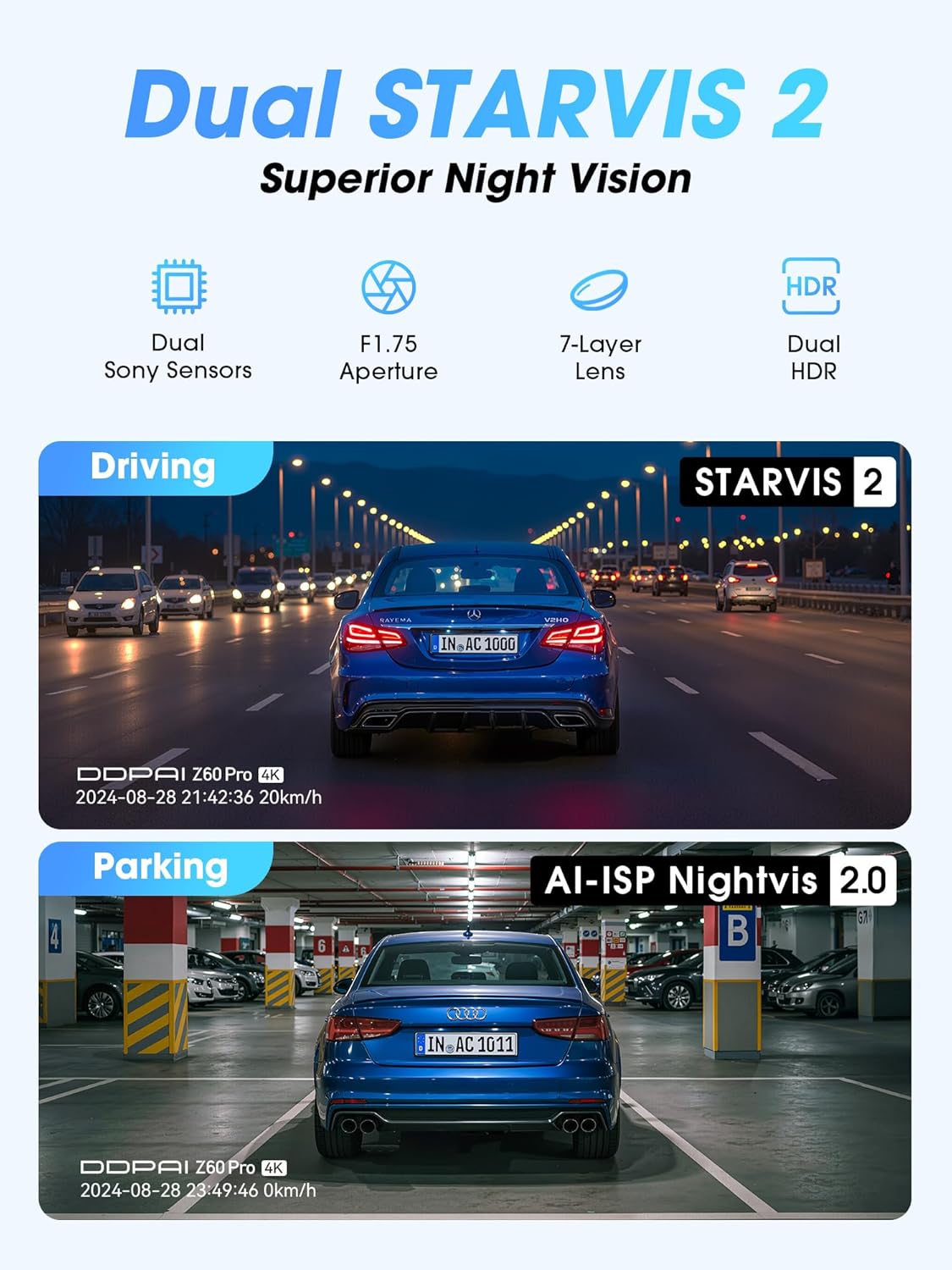 DDPAI Dash Cam Front and Rear, Dual STARVIS 2 IMX678 IMX662 Dashcam, 4K+1080P Dual HDR Car Camera with 32G eMMC, 3K/60FPS, 4G LTE Support, 5G WiFi GPS, 3" IPS, Night Vision, 24H Parking Mode, Z60 Pro