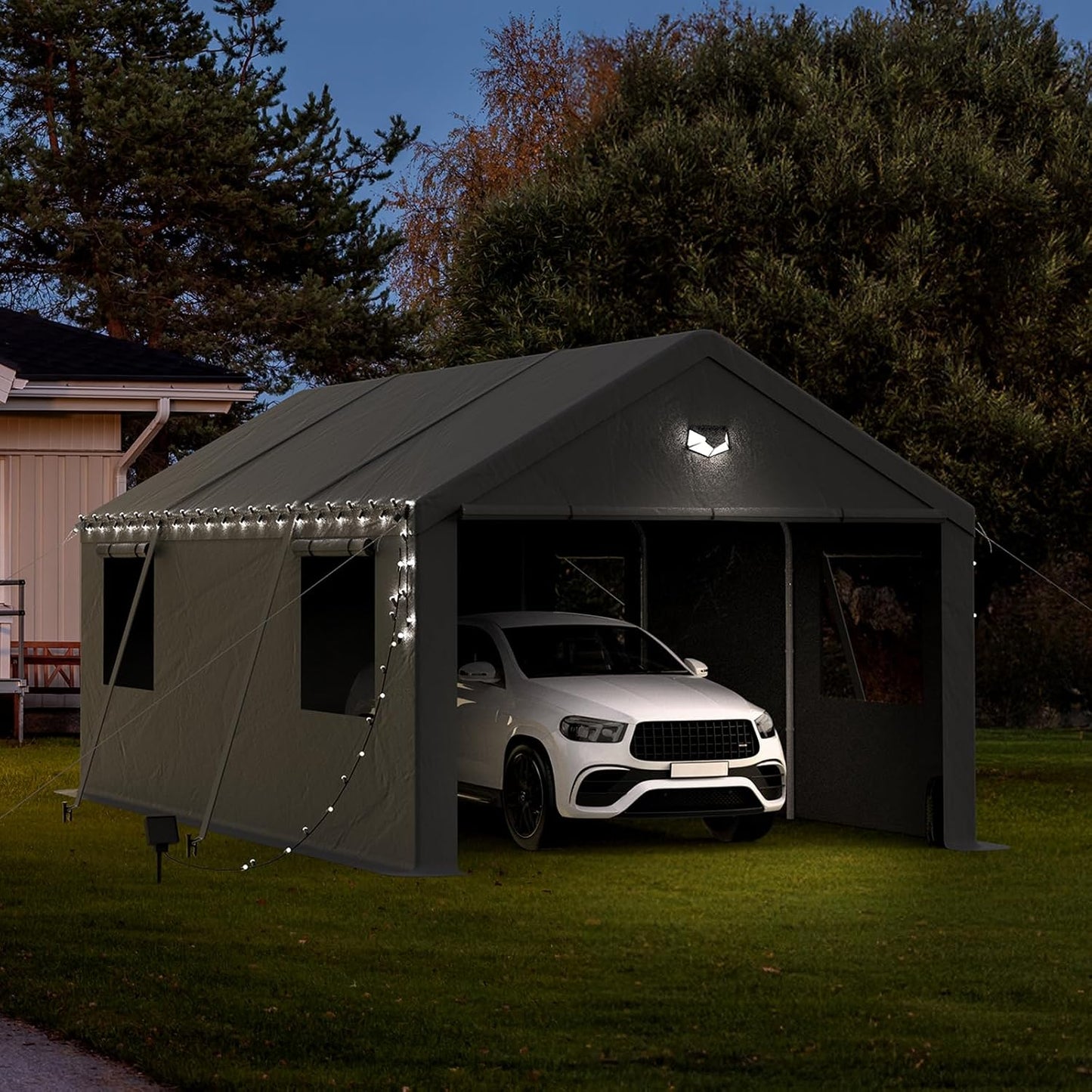 12x20 Carport, Heavy Duty Carport Canopy Garage with Removable Sidewalls and Drive Through Roll Up Zipper Doors, Grey