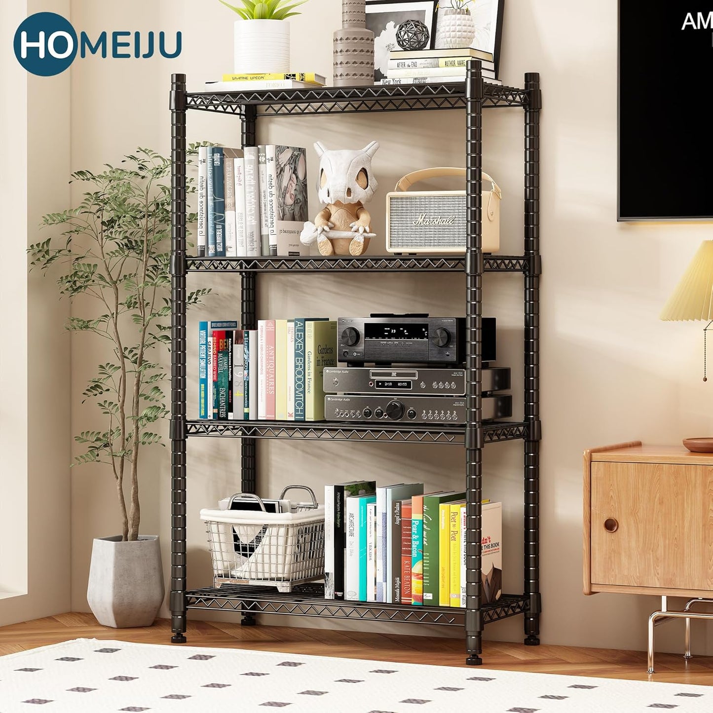 Homeiju 4 Tier Shelving Unit,Heavy-Duty Height Adjustable Storage Rack 1300 LBS Capacity with Adjustable Feet ,Metal Storage Shelves Wire Shelf for Kitchen Garage Laundry ,13.77"D x 35.43"W x 54.33"H