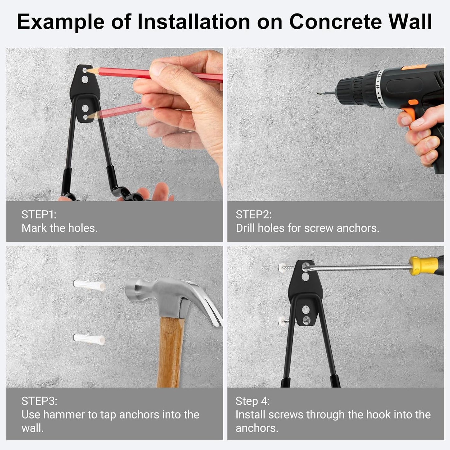 Wall Mounted Garage Hooks Tool Organizer, 12.4 Inch Garage Storage Hook Heavy Duty Utility Wall Hangers Black for Ladders, Hose, Garden Tools, Set of 4