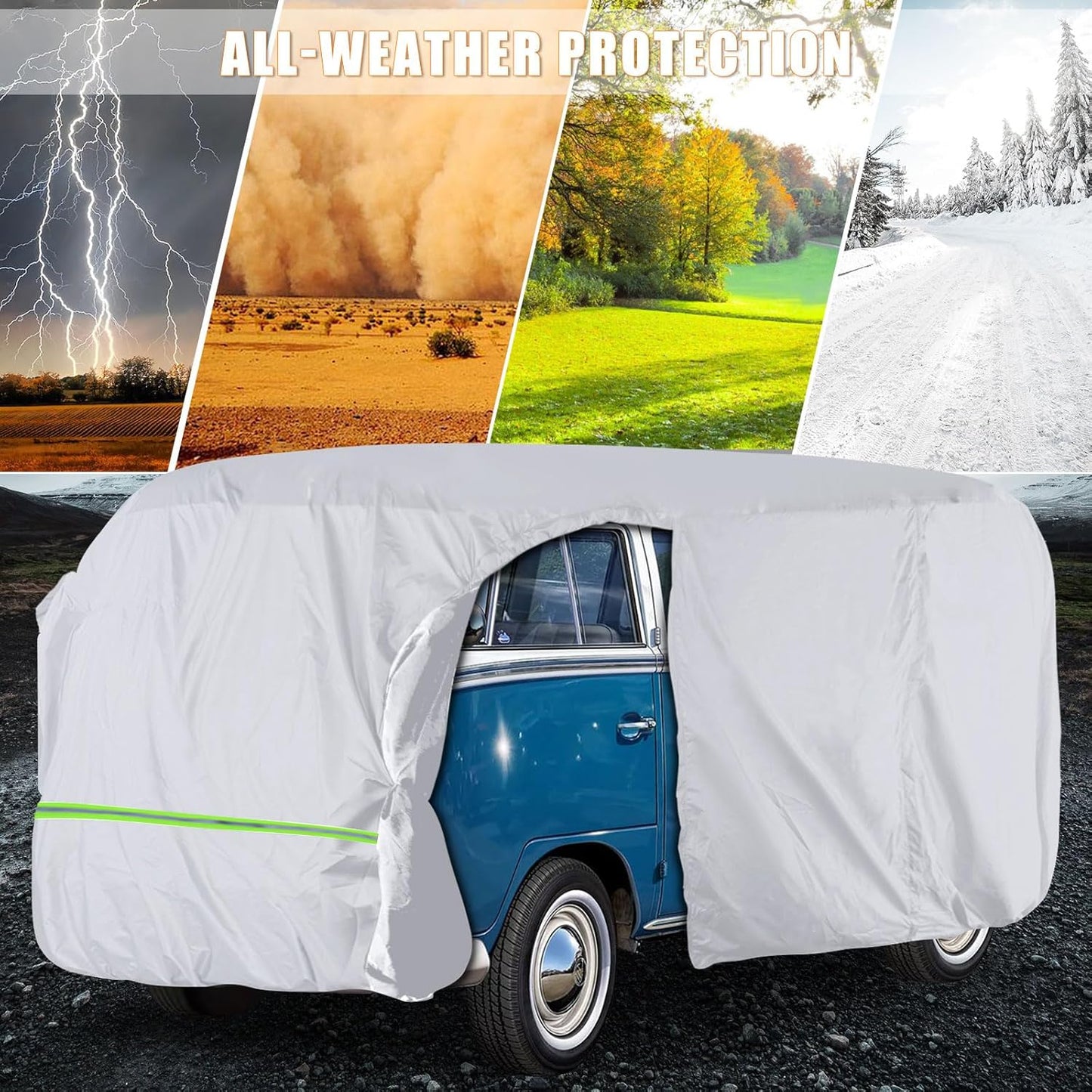 Silver Car Cover Waterproof All Weather Compatible with 1950-1992 VW Bus T1 T2 T3, Volkswagen Vanagon Full Car Cover with Door Zipper, Windproof Strap, Storage Bag