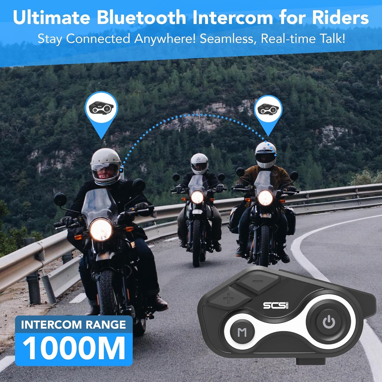 Motorcycle Bluetooth Intercom Helmet Headset with Music Sharing, Earphones for 2 Riders up to 1000M Communication, Waterproof IP67 with Handsfree, Stereo Music, GPS & 2 Mic Options, 1 Pac