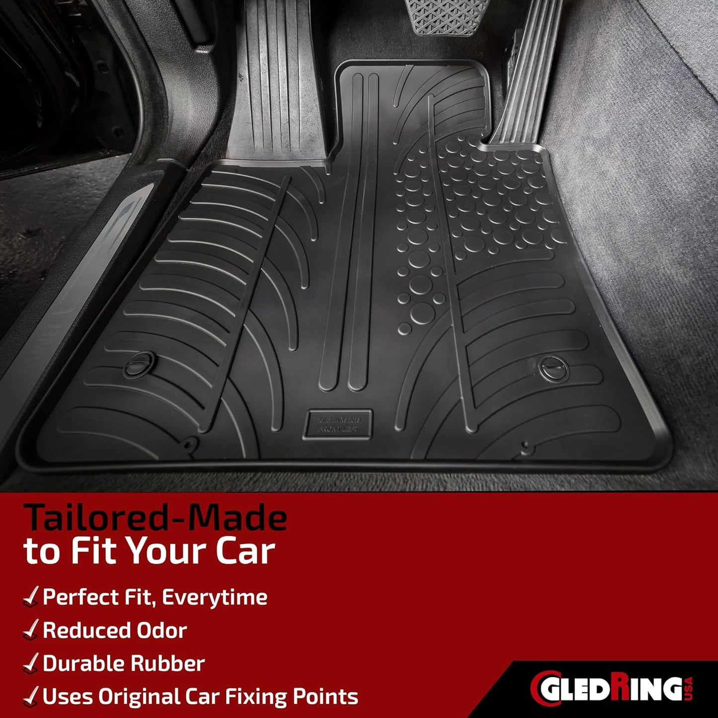 Gledring USA Custom Fit All-Weather Rubber Floor Mats Intended for Mercedes C Class W205 2015-2020, No Trimming Required, Tailored Custom Fit, Protects from Rain, Mud, & Snow