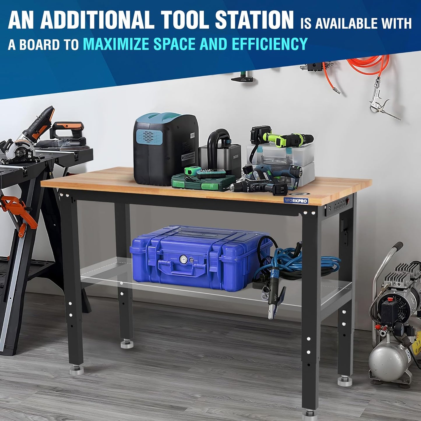 WORKPRO Adjustable Garage Workbench, 48"x22" Rubber Wood Top Heavy-Duty Work Desk with Power Outlets, Leveling Foot, 5 Heights, 1500 LBS Load Capacity Work Benches for Garage, Workshop