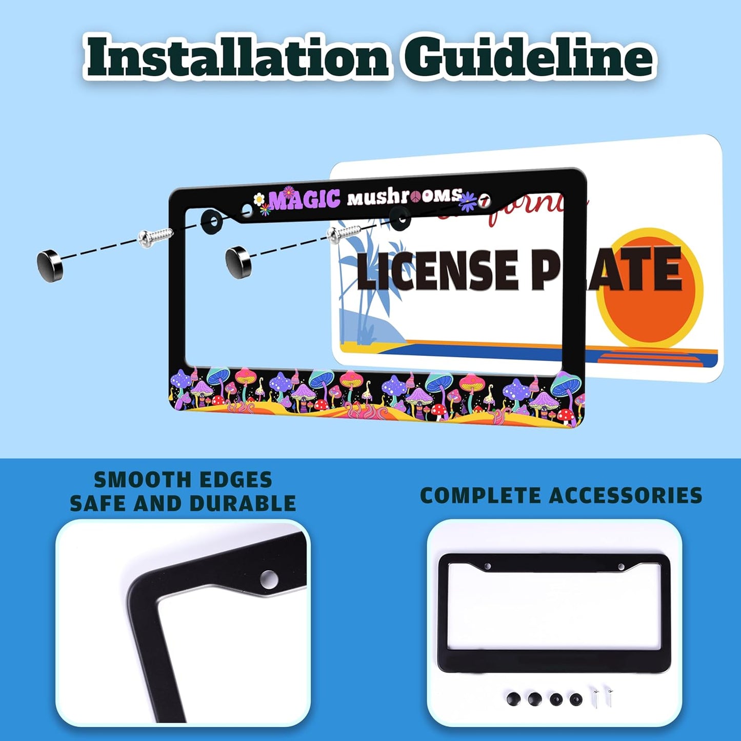 Magic Mushrooms License Plate Frame Colorful Dream Stainless Steel License Plate Holder for Front or Rear Car Tags Funny for Car Decoration Accessories with Screws 6.3 X 12.2 in for Women Men