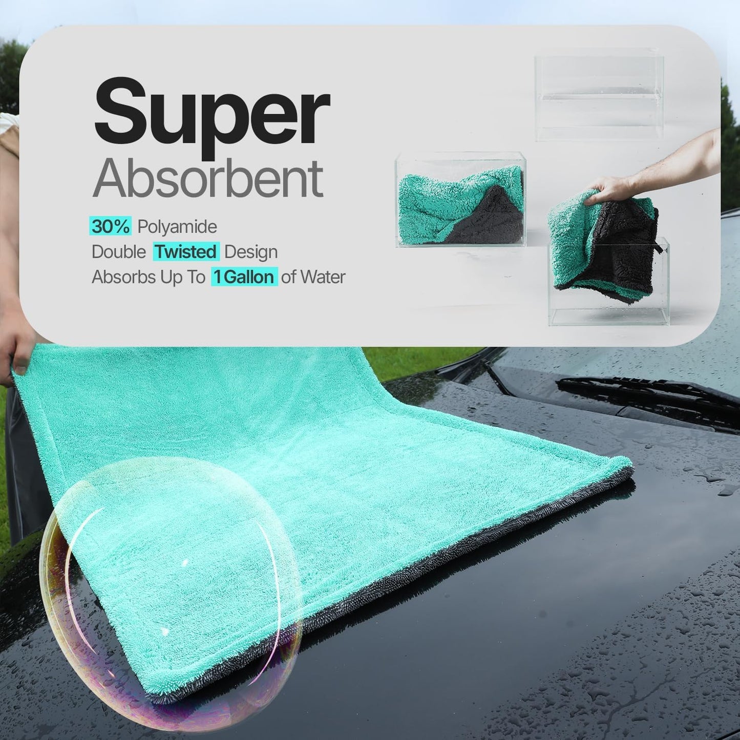 Microfiber Towels for Cars - 1300GSM X Large Size Double Twisted Loop 2pcs - 70/30 Blend Quick Dry High Absorbent Edgeless Streak Free - Car Drying Towel for Detailing 24x36″ & 12x12 (Grey+Green)
