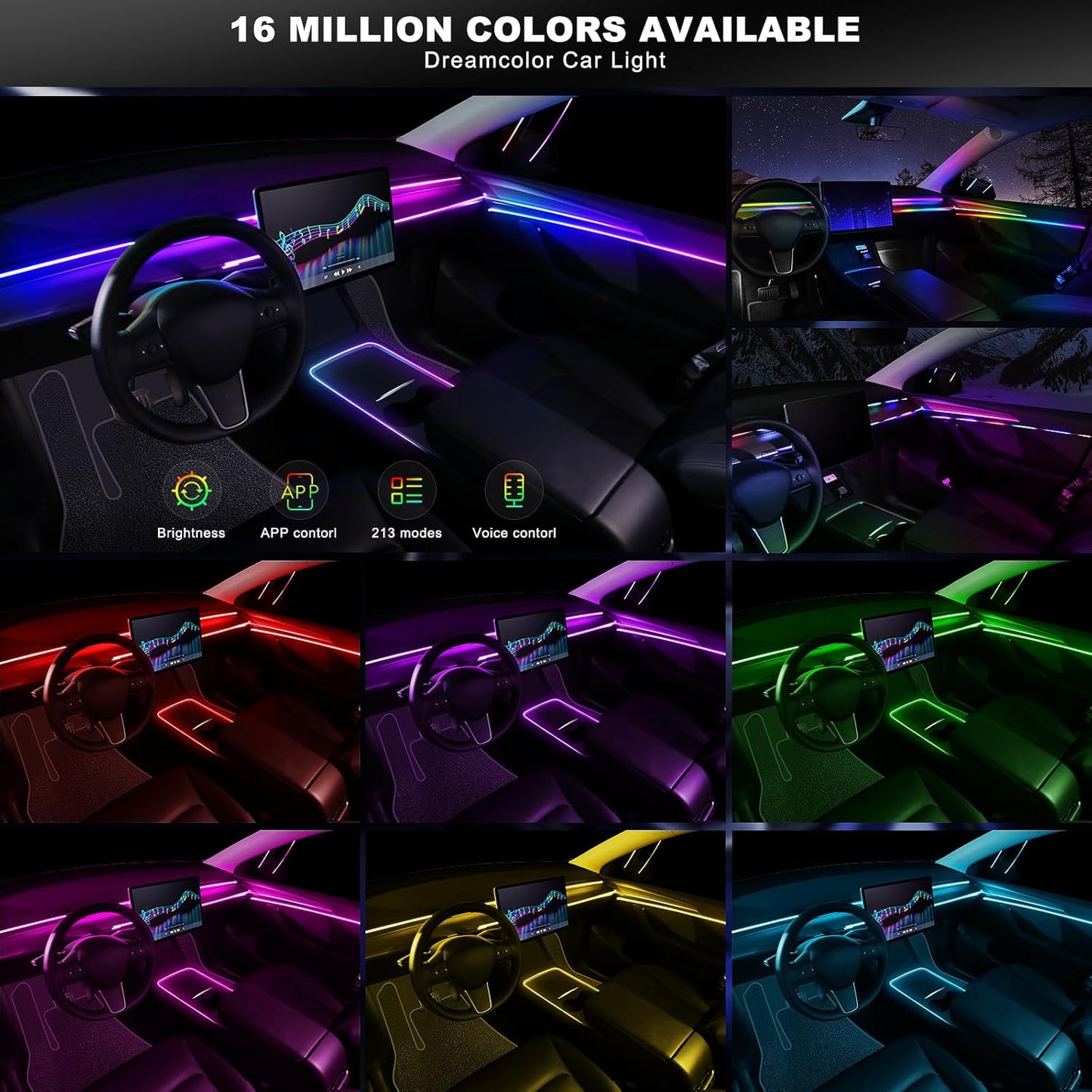 Dreamcolor Acrylic Interior Car LED Strip Light with Wireless APP, RGB 6 in 1 with 175 inches 612 LEDs Fiber Optic Car Ambient Lighting Kits, Dynamic Chasing Music Sync Neon LED Strip Lights for Car