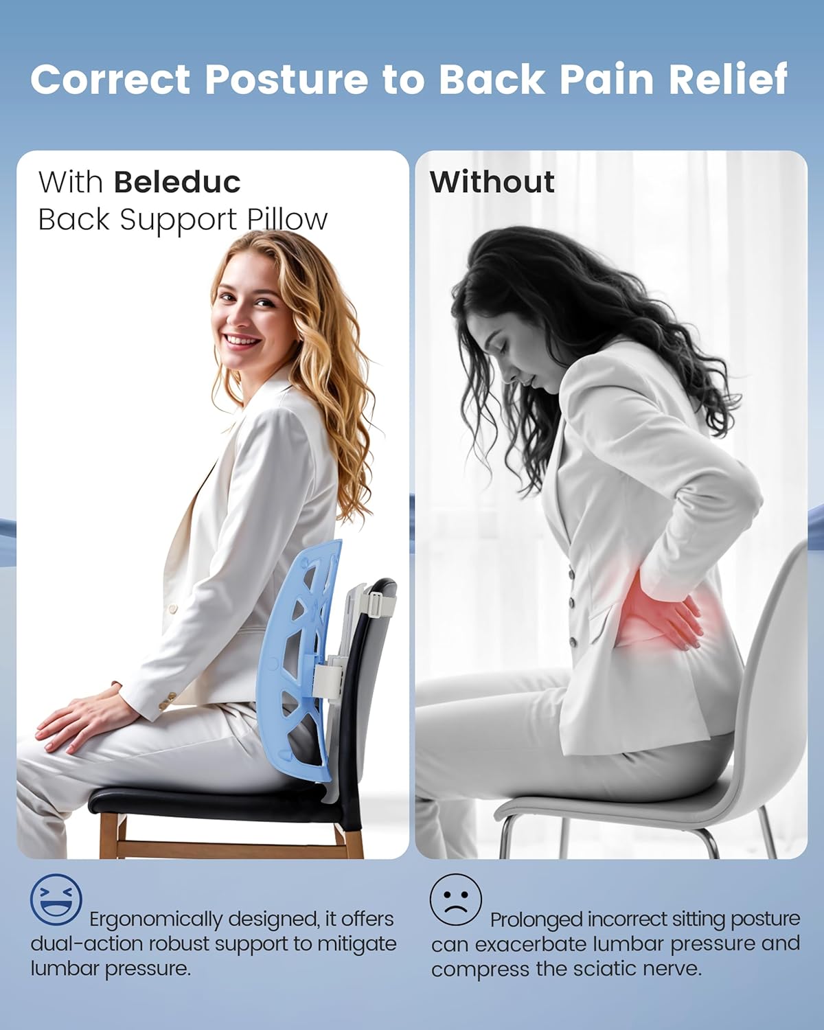 Back Support for Office Chair - Ergonomic Lumbar Support Pillow for Car, Adjustable Height, Improves Posture, Back Cushion with Straps for Home, Office, Car Seat